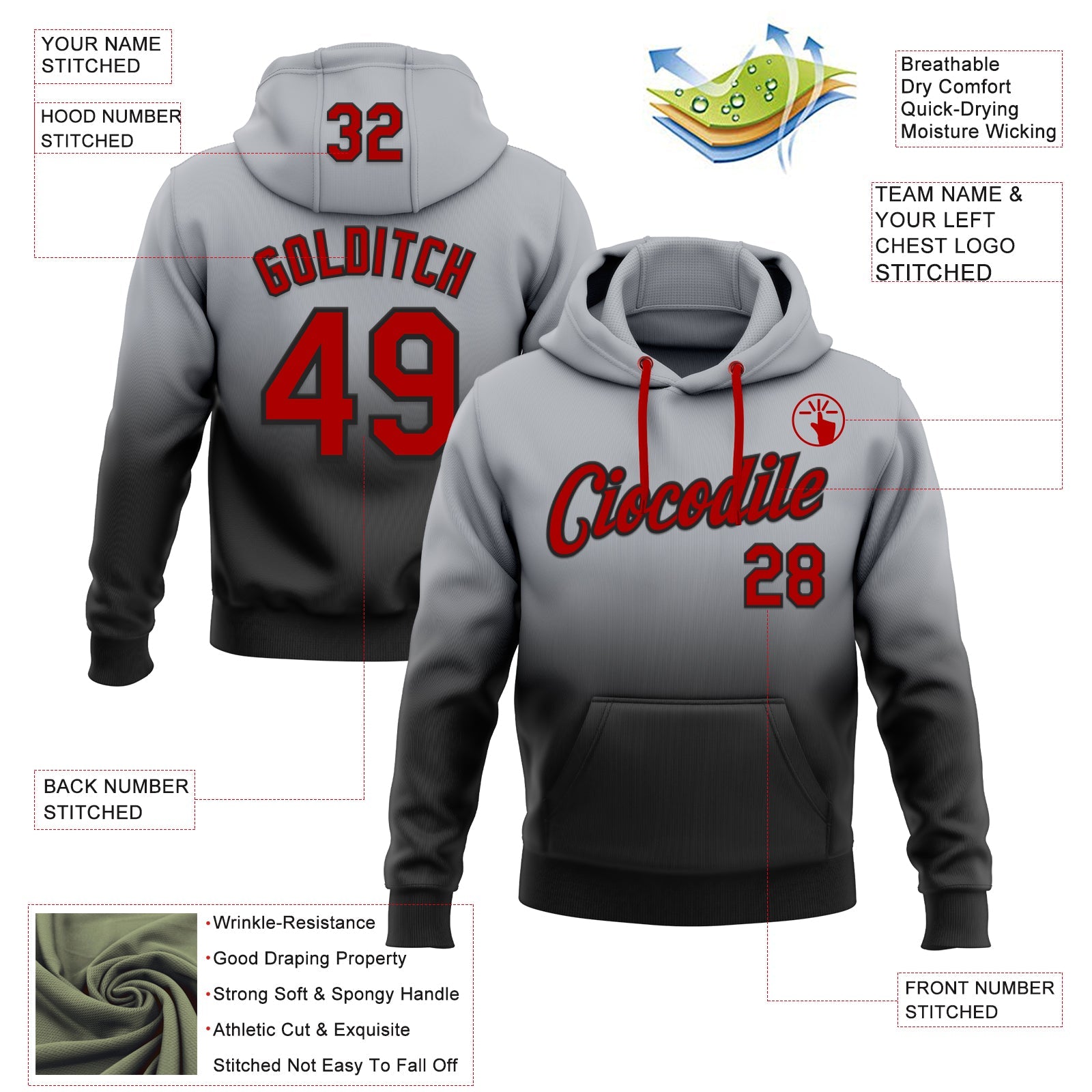 Custom Stitched Gray Red-Black Fade Fashion Sports Pullover Sweatshirt Hoodie view 2