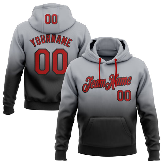 Custom Stitched Gray Red-Black Fade Fashion Sports Pullover Sweatshirt Hoodie - Main View