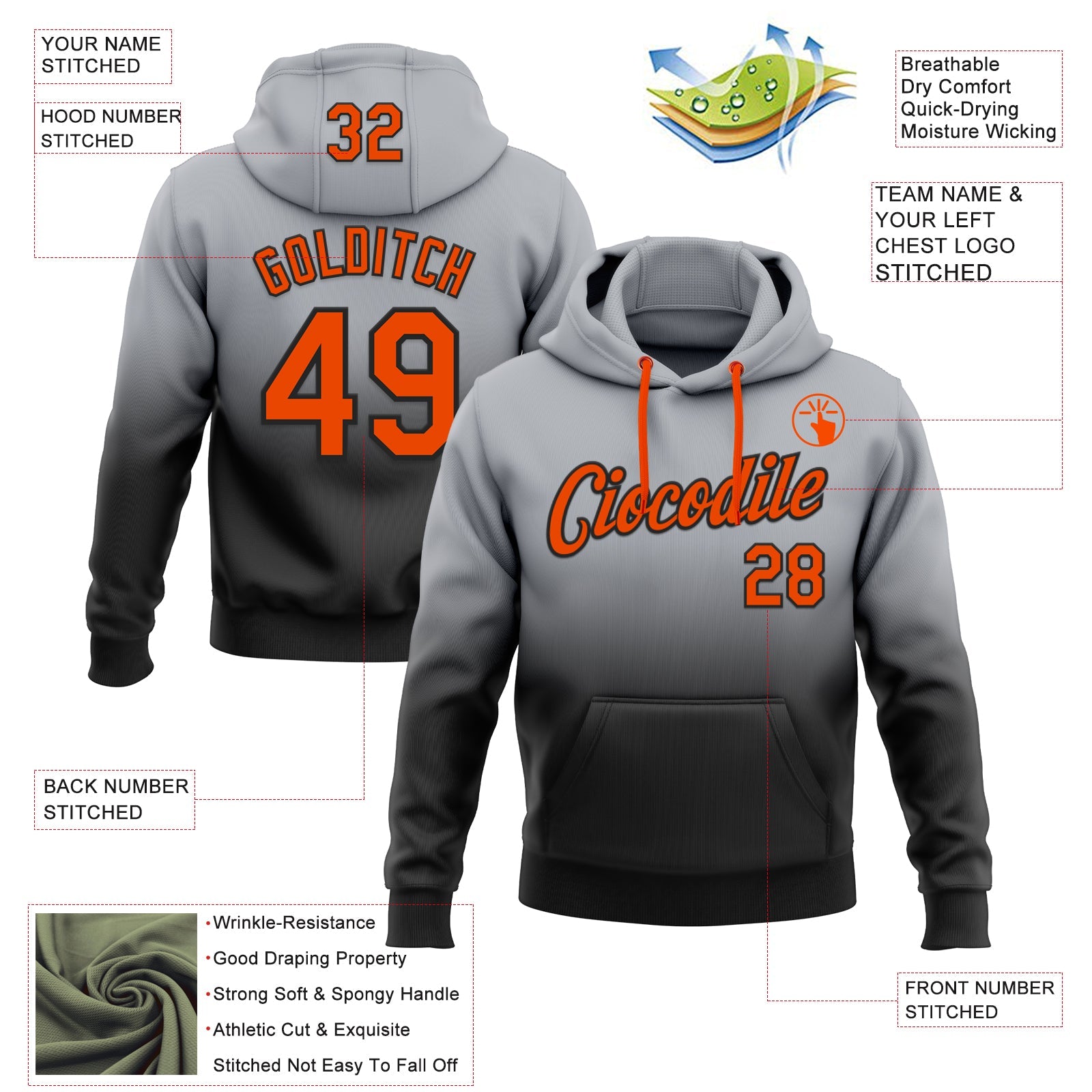 Custom Stitched Gray Orange-Black Fade Fashion Sports Pullover Sweatshirt Hoodie view 2