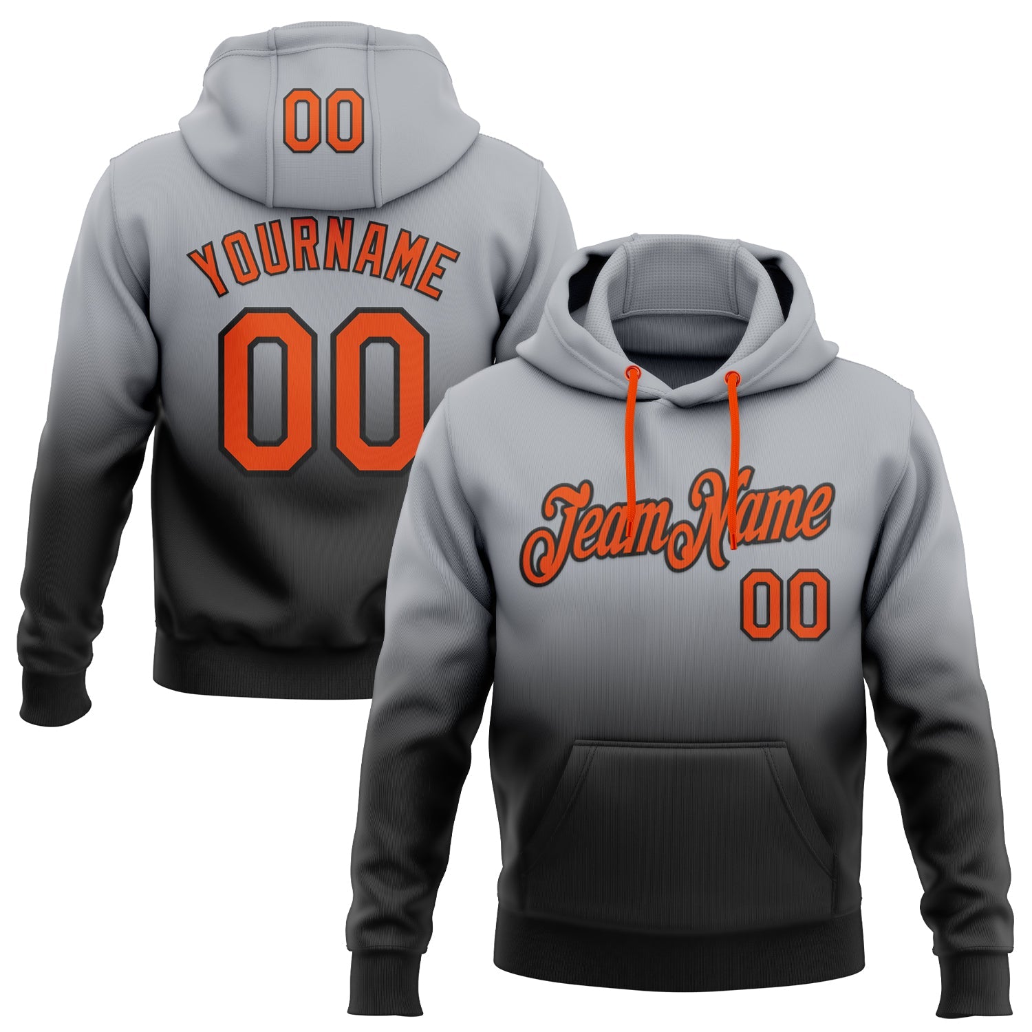 Custom Stitched Gray Orange-Black Fade Fashion Sports Pullover Sweatshirt Hoodie - Main View