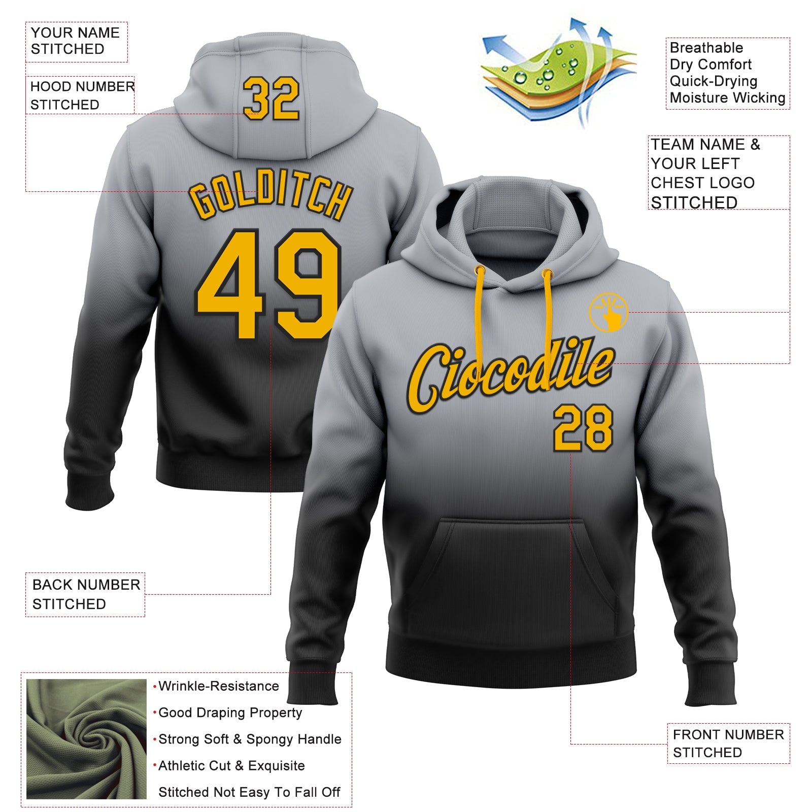 Custom Stitched Gray Gold-Black Fade Fashion Sports Pullover Sweatshirt Hoodie view 2