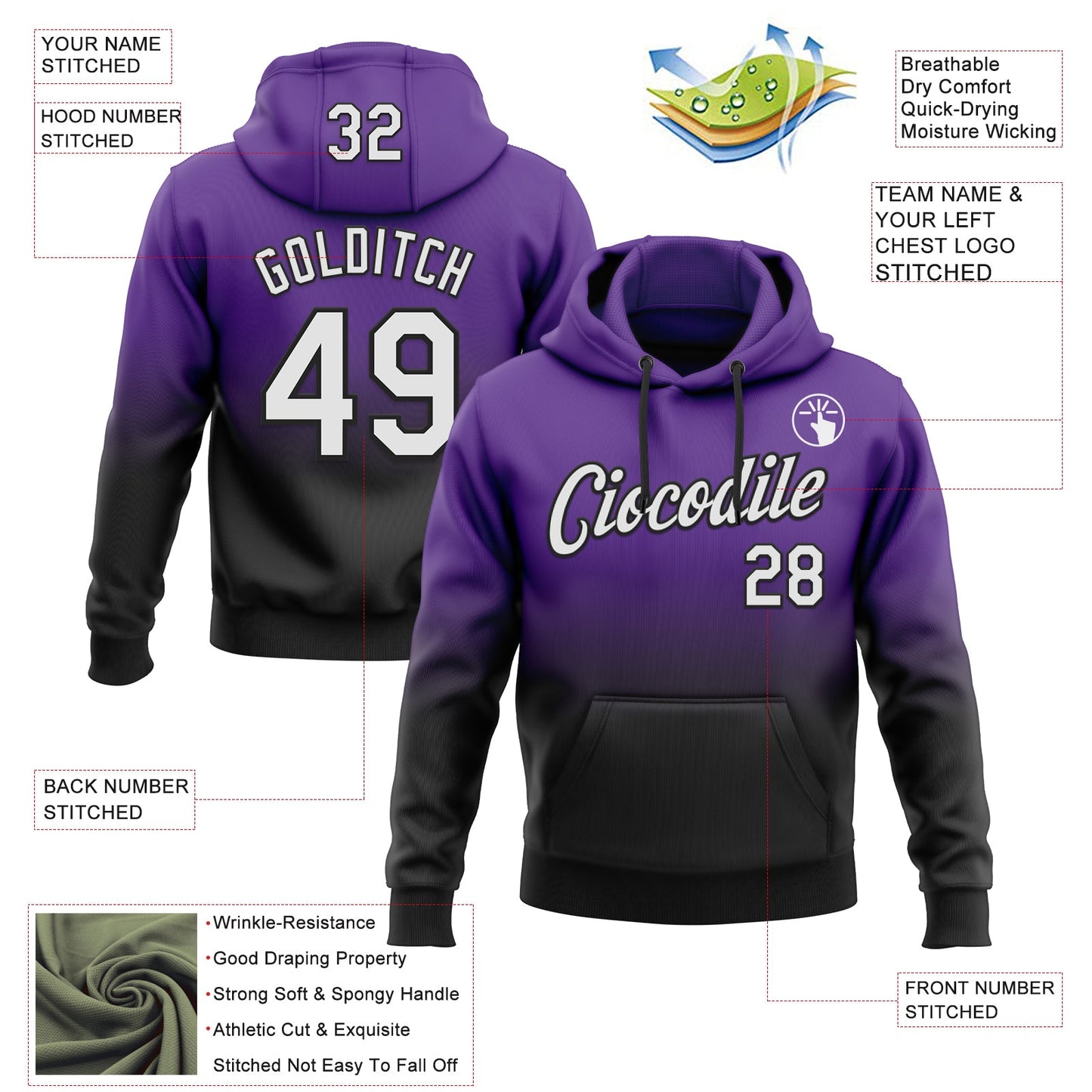 Custom Stitched Purple White-Black Fade Fashion Sports Pullover Sweatshirt Hoodie view 2