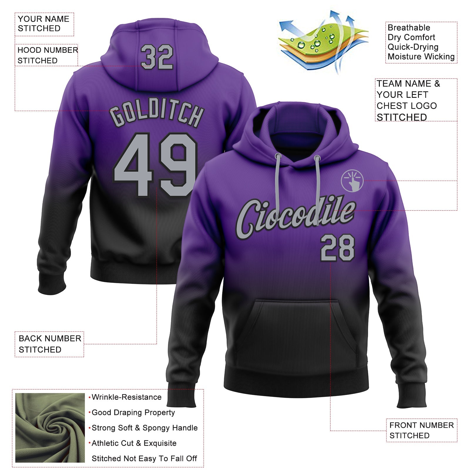 Custom Stitched Purple Gray-Black Fade Fashion Sports Pullover Sweatshirt Hoodie view 2