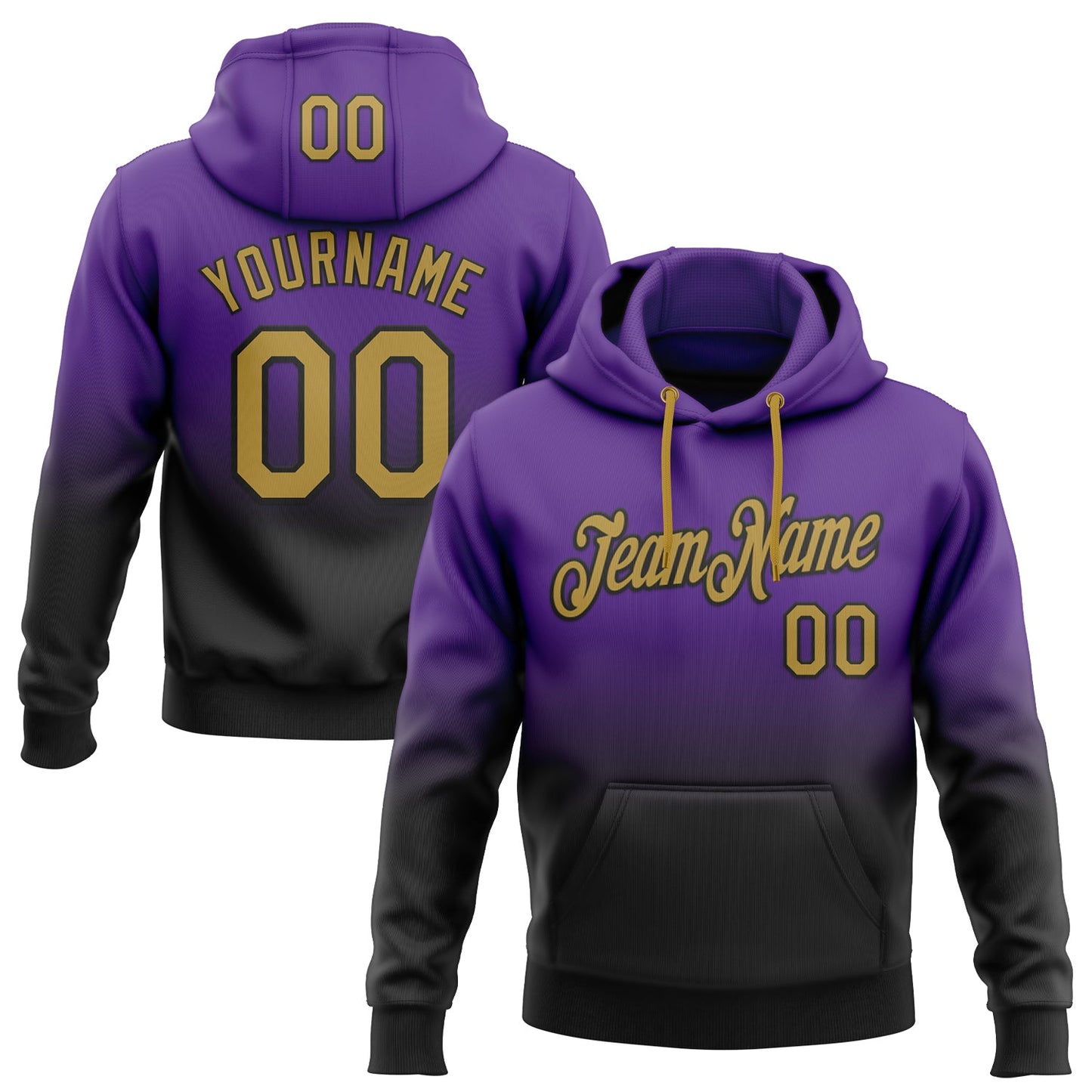 Custom Stitched Purple Old Gold-Black Fade Fashion Sports Pullover Sweatshirt Hoodie - Main View