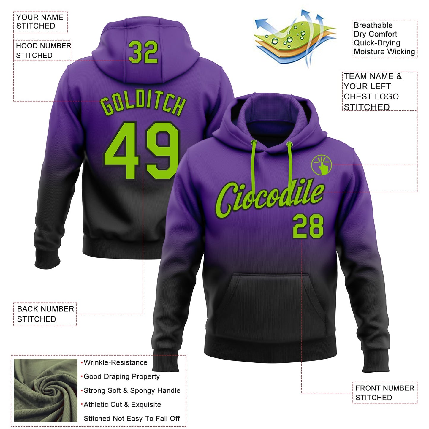 Custom Stitched Purple Neon Green-Black Fade Fashion Sports Pullover Sweatshirt Hoodie view 2
