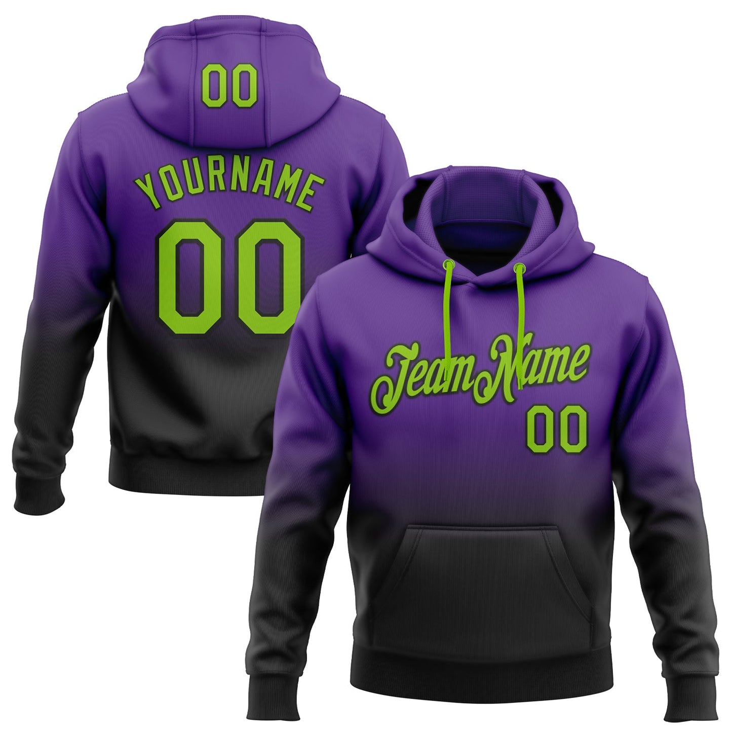Custom Stitched Purple Neon Green-Black Fade Fashion Sports Pullover Sweatshirt Hoodie - Main View