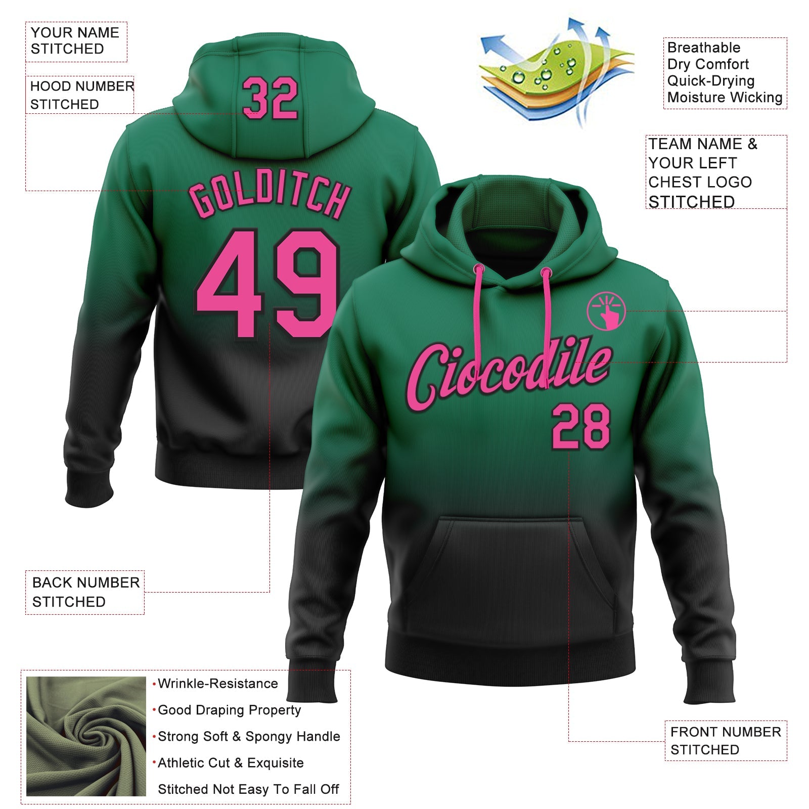 Custom Stitched Kelly Green Pink-Black Fade Fashion Sports Pullover Sweatshirt Hoodie view 2
