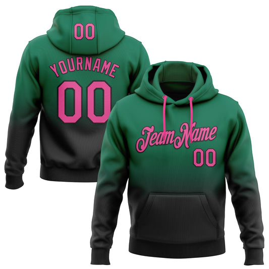 Custom Stitched Kelly Green Pink-Black Fade Fashion Sports Pullover Sweatshirt Hoodie - Main View