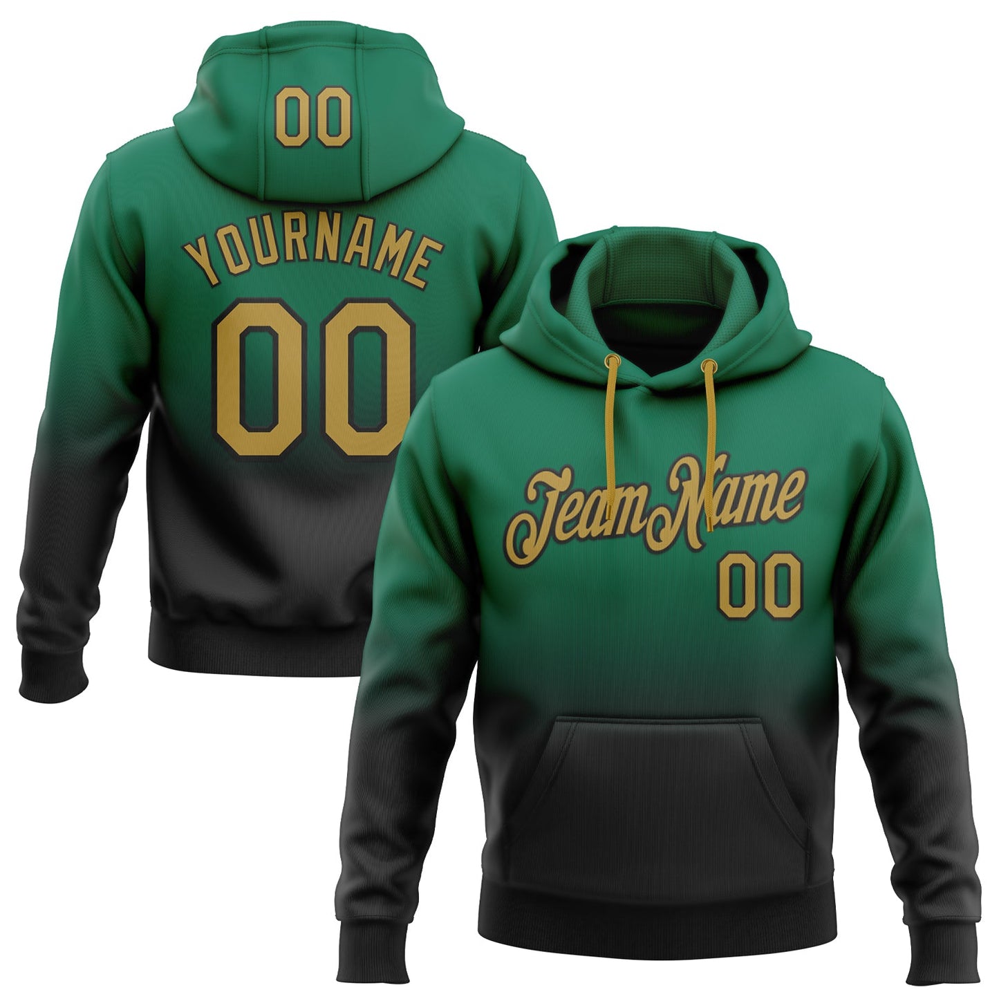 Custom Stitched Kelly Green Old Gold-Black Fade Fashion Sports Pullover Sweatshirt Hoodie - Main View