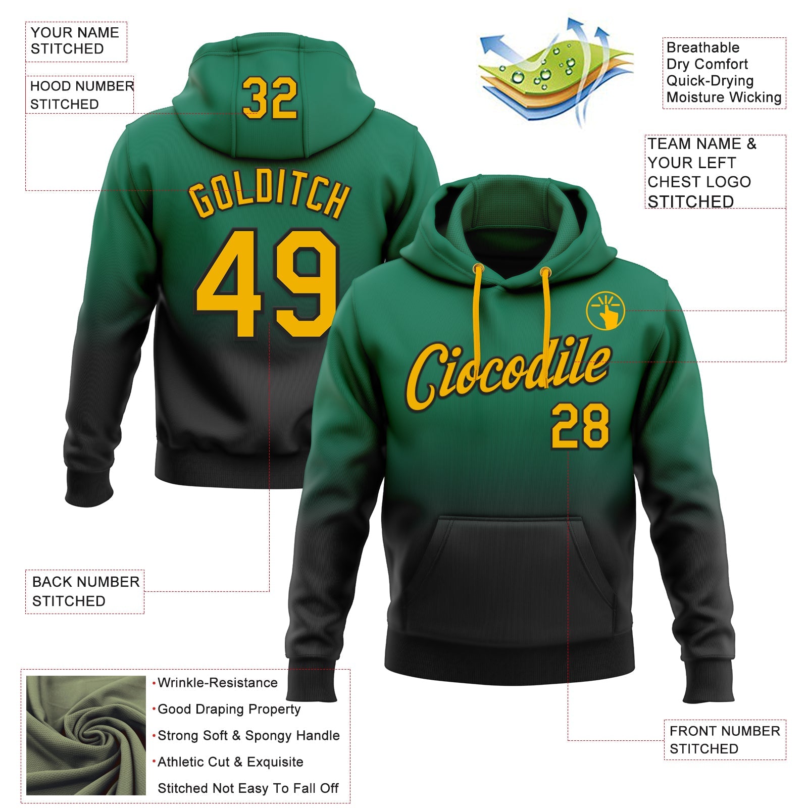 Custom Stitched Kelly Green Gold-Black Fade Fashion Sports Pullover Sweatshirt Hoodie view 2