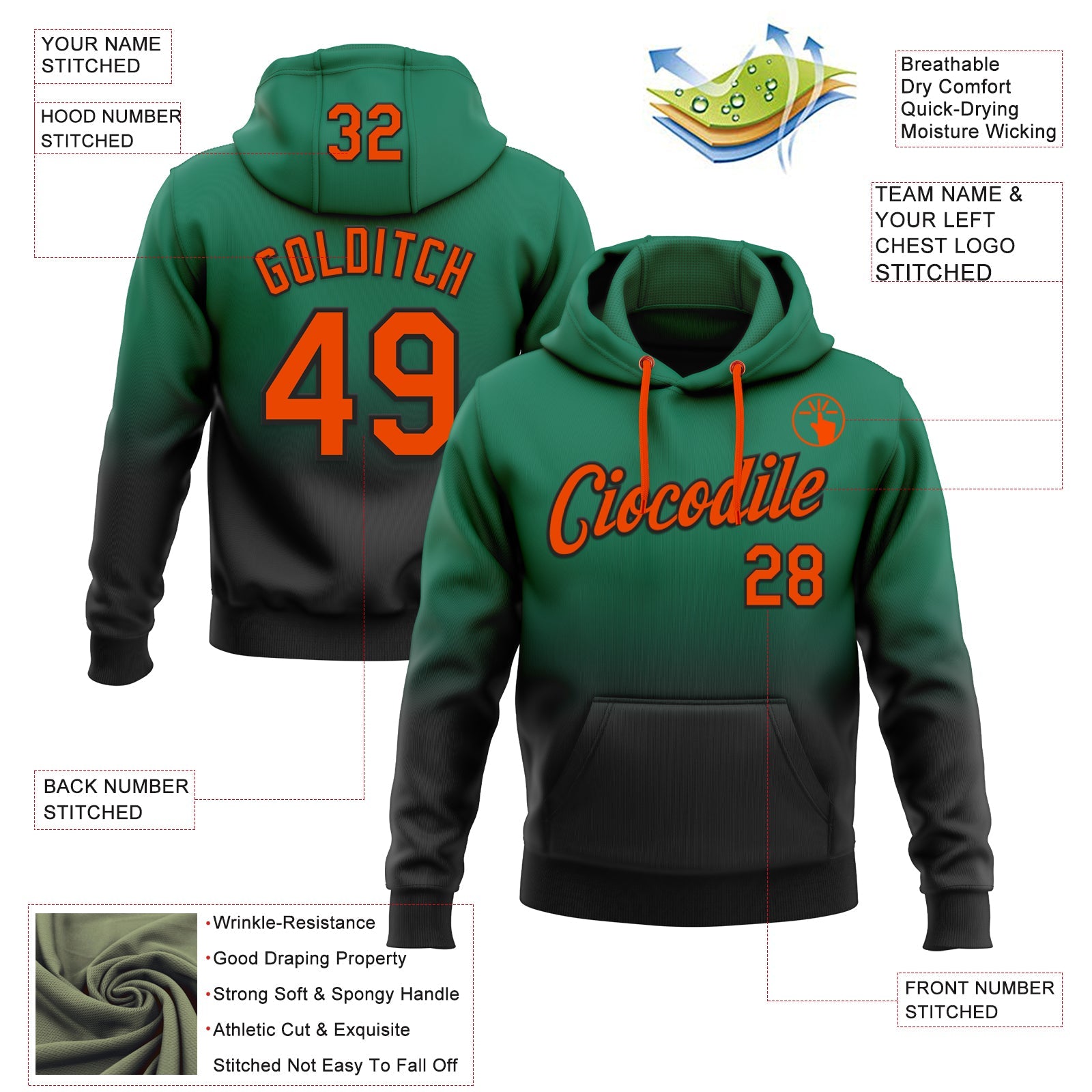 Custom Stitched Kelly Green Orange-Black Fade Fashion Sports Pullover Sweatshirt Hoodie view 2