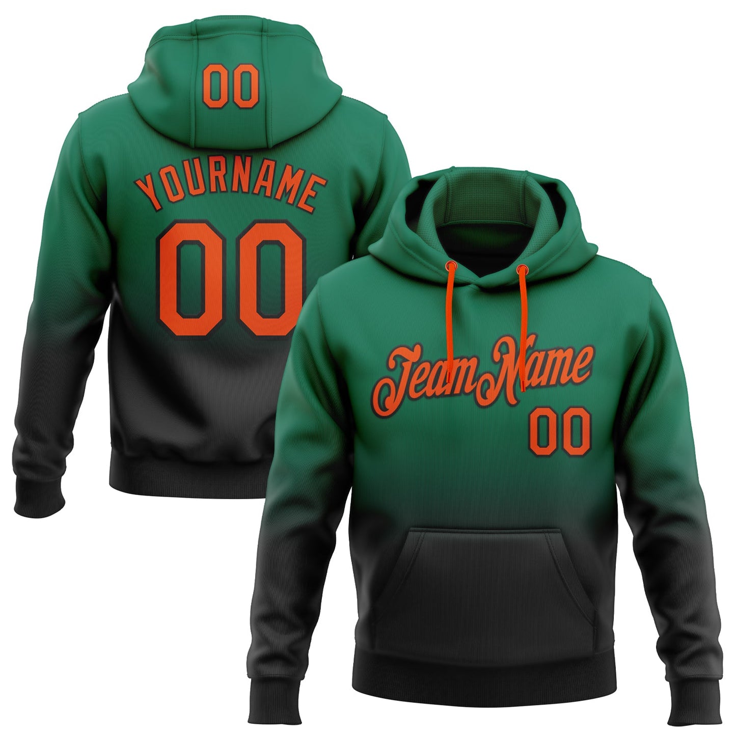Custom Stitched Kelly Green Orange-Black Fade Fashion Sports Pullover Sweatshirt Hoodie - Main View