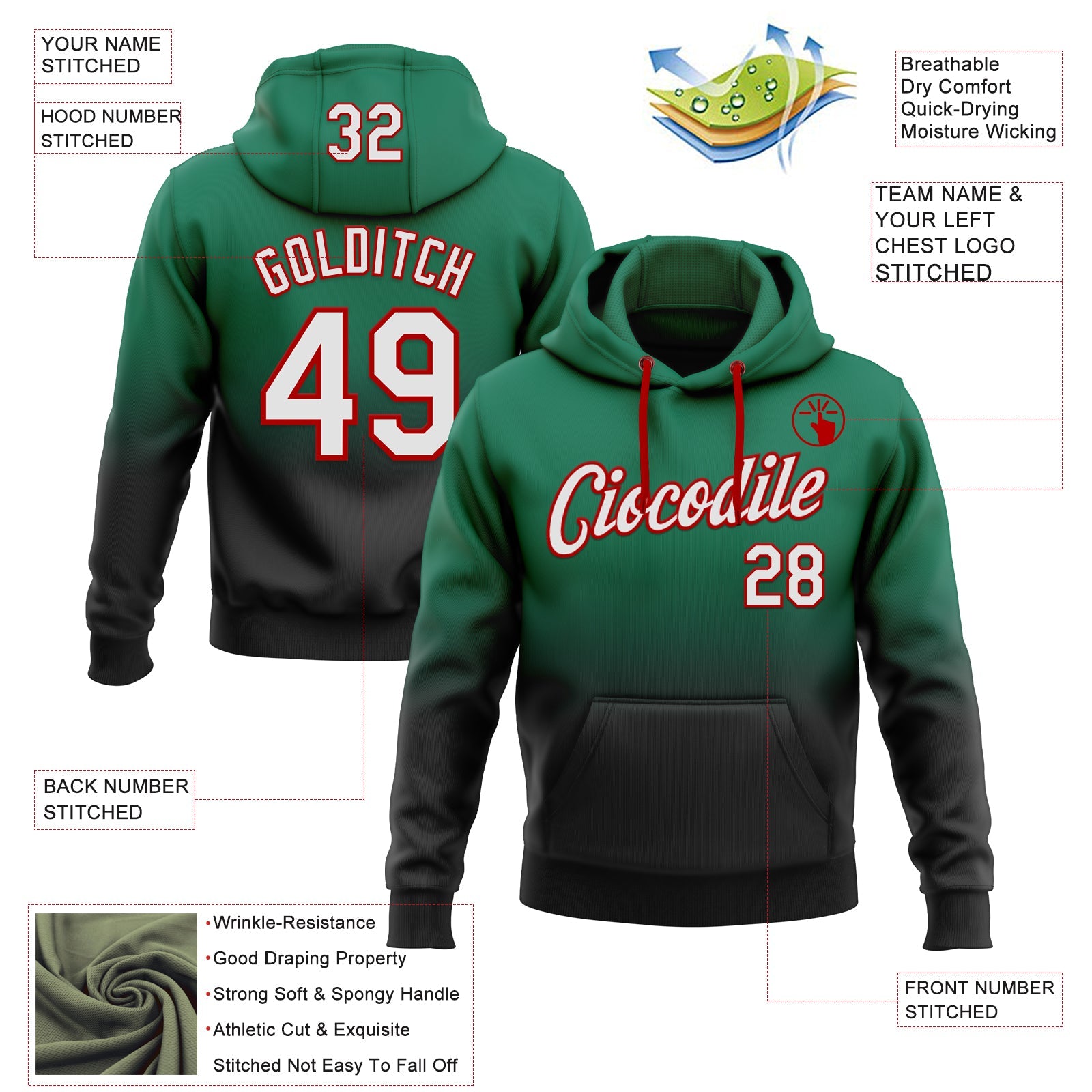 Custom Stitched Kelly Green White Black-Red Fade Fashion Sports Pullover Sweatshirt Hoodie view 2