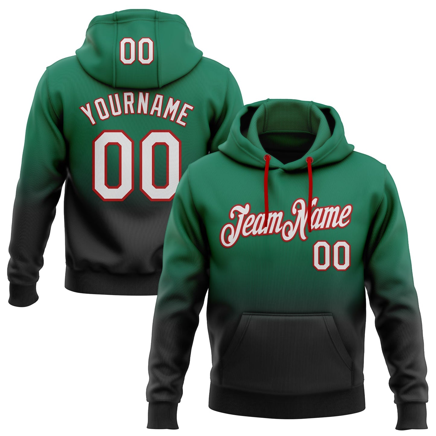 Custom Stitched Kelly Green White Black-Red Fade Fashion Sports Pullover Sweatshirt Hoodie - Main View