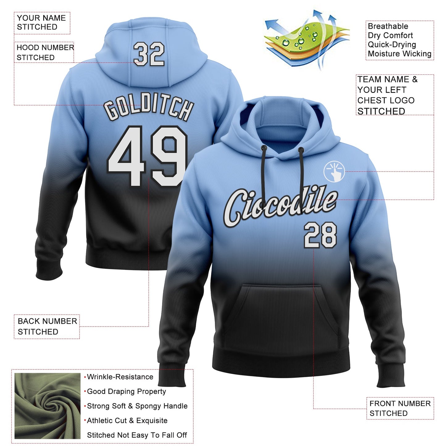 Custom Stitched Light Blue White-Black Fade Fashion Sports Pullover Sweatshirt Hoodie view 2