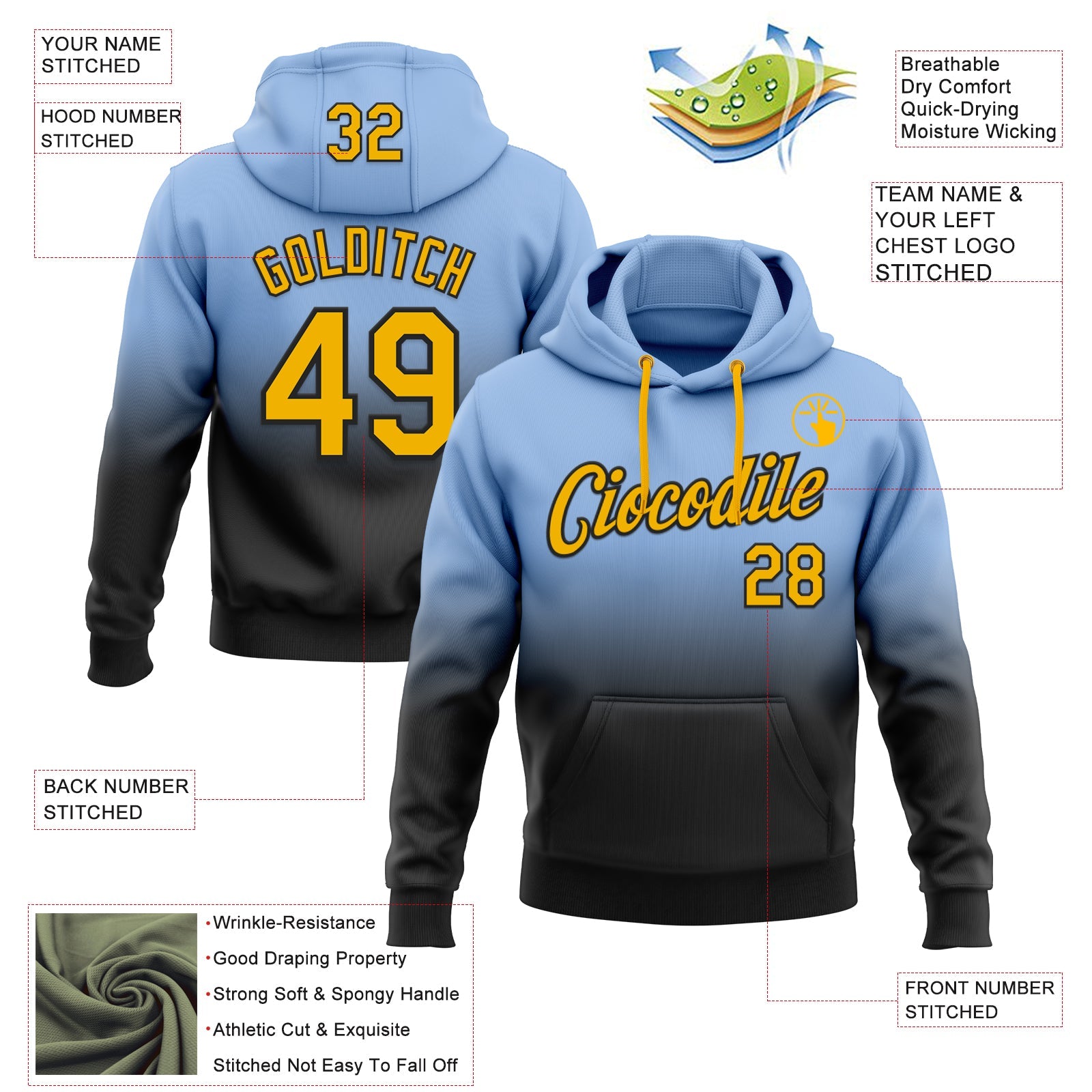 Custom Stitched Light Blue Gold-Black Fade Fashion Sports Pullover Sweatshirt Hoodie view 2