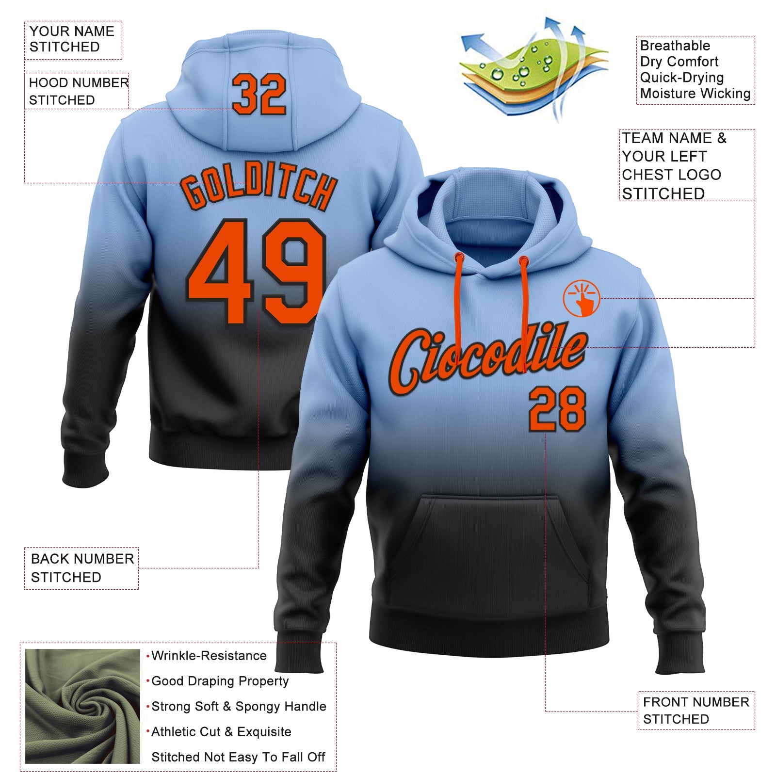 Custom Stitched Light Blue Orange-Black Fade Fashion Sports Pullover Sweatshirt Hoodie view 2