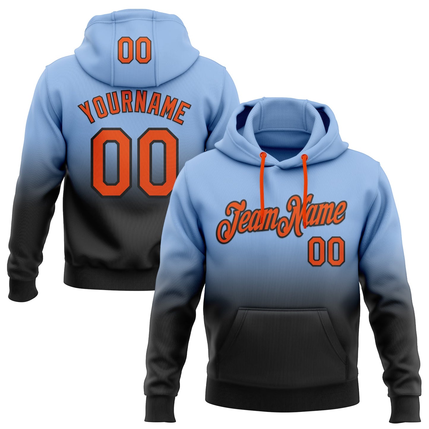 Custom Stitched Light Blue Orange-Black Fade Fashion Sports Pullover Sweatshirt Hoodie - Main View