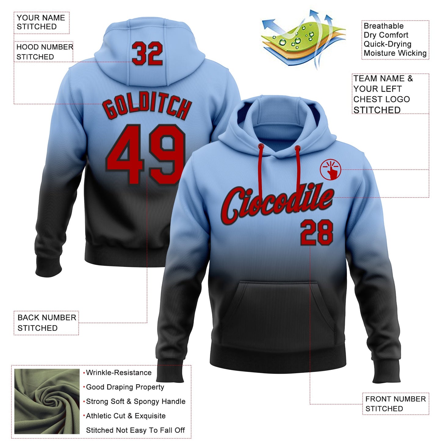 Custom Stitched Light Blue Red-Black Fade Fashion Sports Pullover Sweatshirt Hoodie view 2
