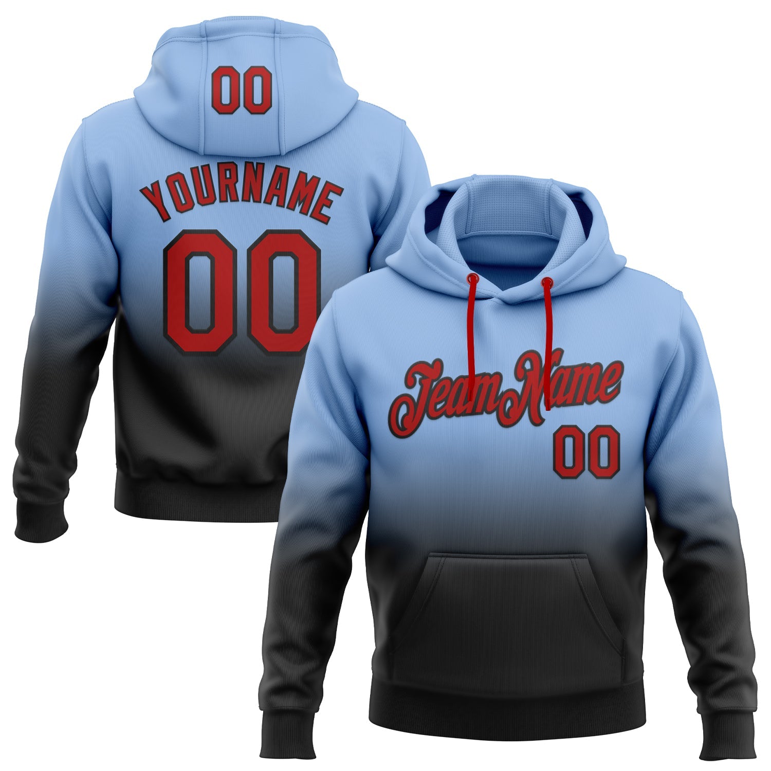 Custom Stitched Light Blue Red-Black Fade Fashion Sports Pullover Sweatshirt Hoodie - Main View