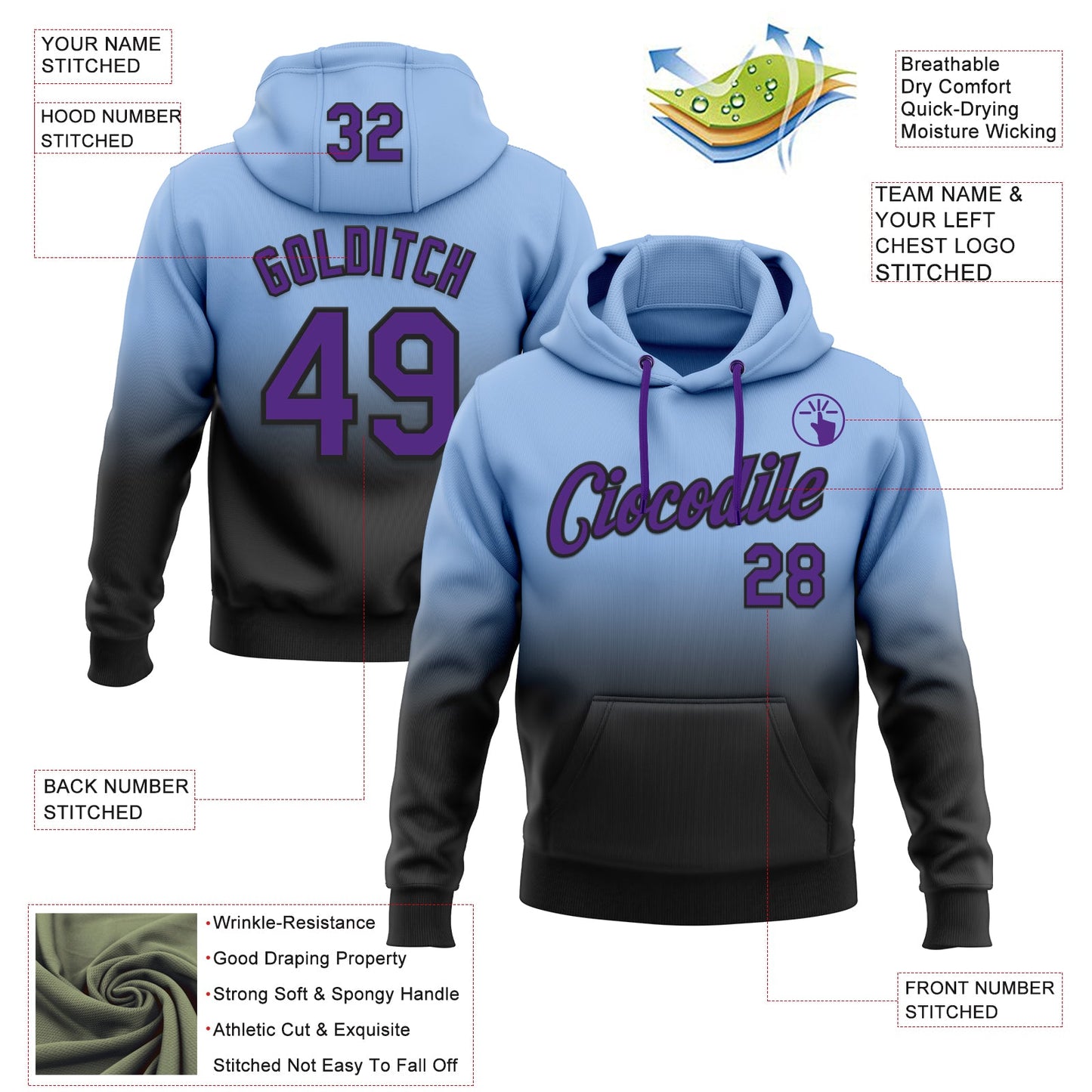 Custom Stitched Light Blue Purple-Black Fade Fashion Sports Pullover Sweatshirt Hoodie view 2