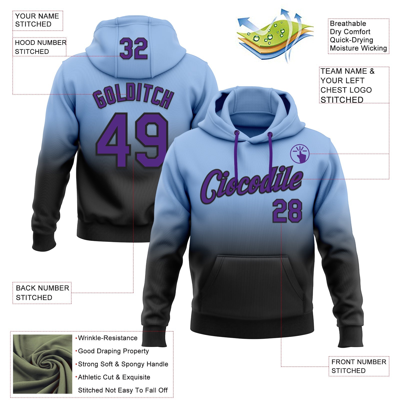 Custom Stitched Light Blue Purple-Black Fade Fashion Sports Pullover Sweatshirt Hoodie view 2