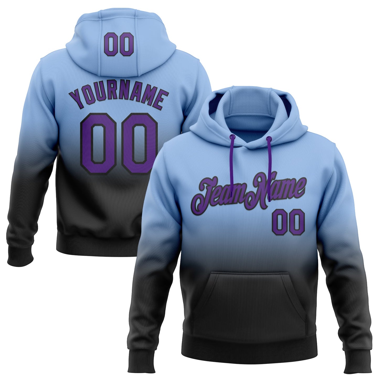 Custom Stitched Light Blue Purple-Black Fade Fashion Sports Pullover Sweatshirt Hoodie - Main View
