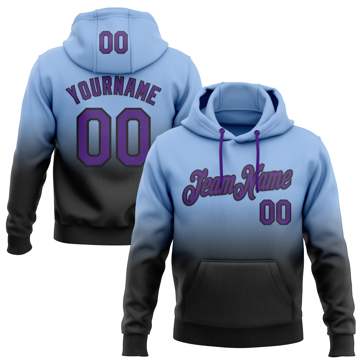 Custom Stitched Light Blue Purple-Black Fade Fashion Sports Pullover Sweatshirt Hoodie - Main View