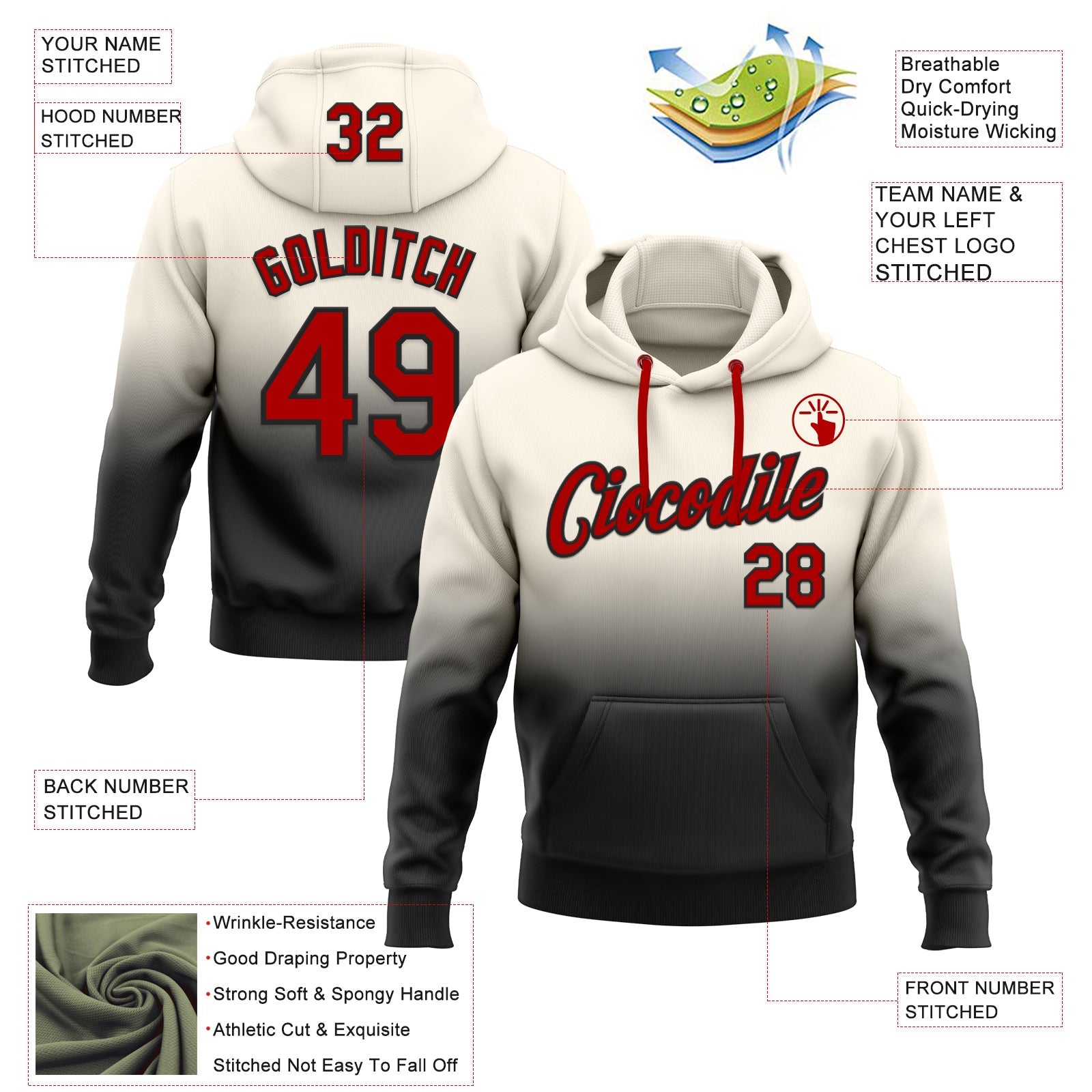 Custom Stitched Cream Red-Black Fade Fashion Sports Pullover Sweatshirt Hoodie view 2