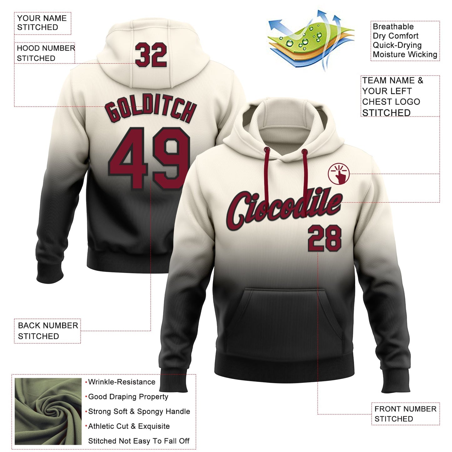 Custom Stitched Cream Crimson-Black Fade Fashion Sports Pullover Sweatshirt Hoodie view 2