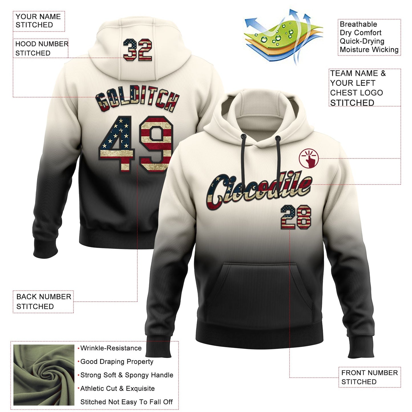 Custom Stitched Cream Vintage USA Flag-Black Fade Fashion Sports Pullover Sweatshirt Hoodie view 2