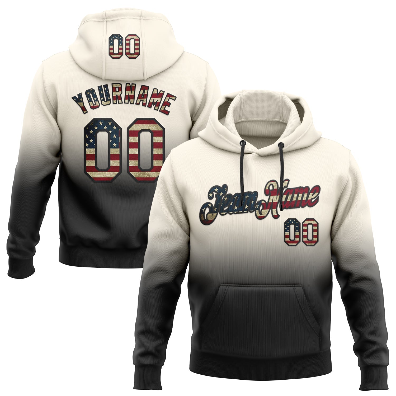 Custom Stitched Cream Vintage USA Flag-Black Fade Fashion Sports Pullover Sweatshirt Hoodie - Main View