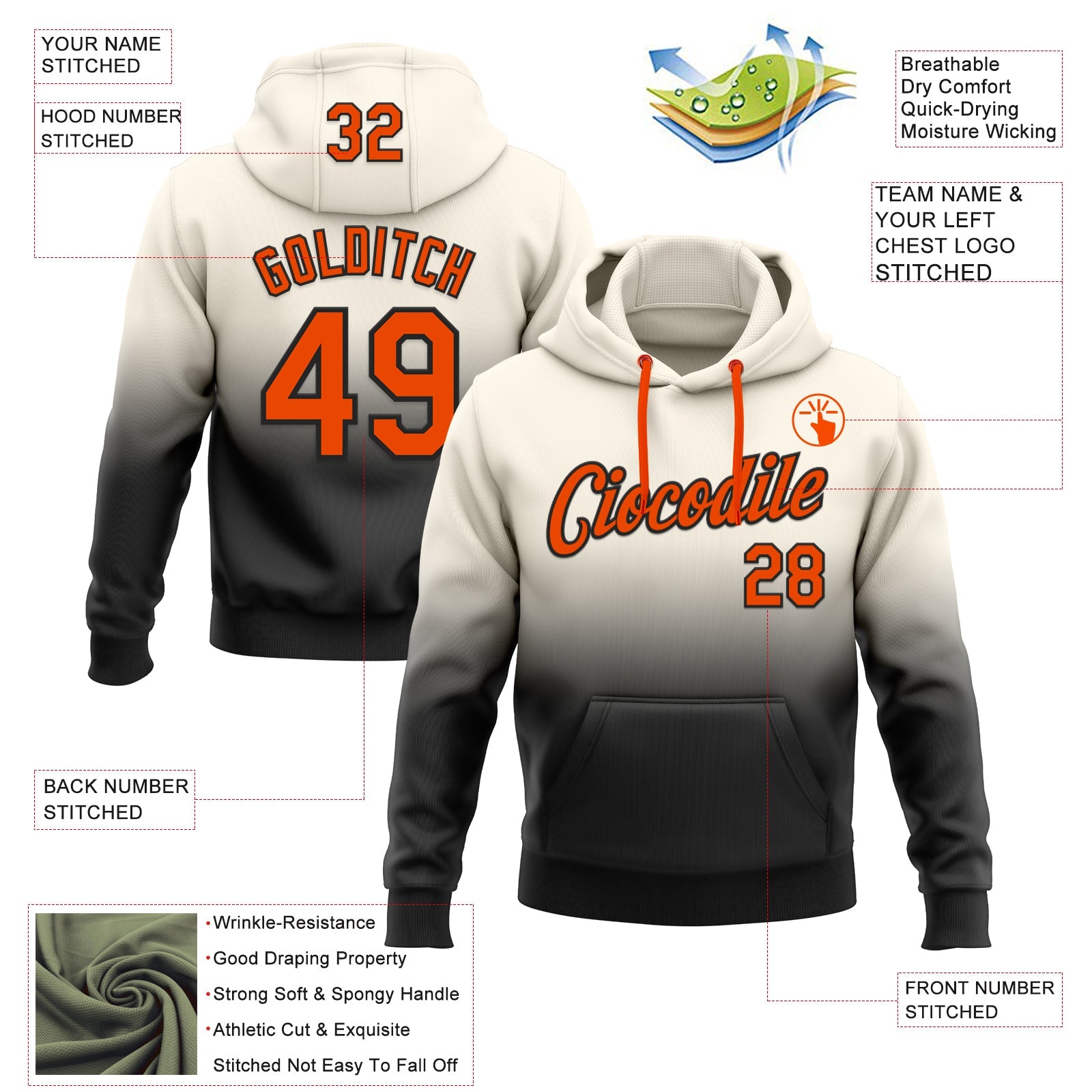 Custom Stitched Cream Orange-Black Fade Fashion Sports Pullover Sweatshirt Hoodie view 2