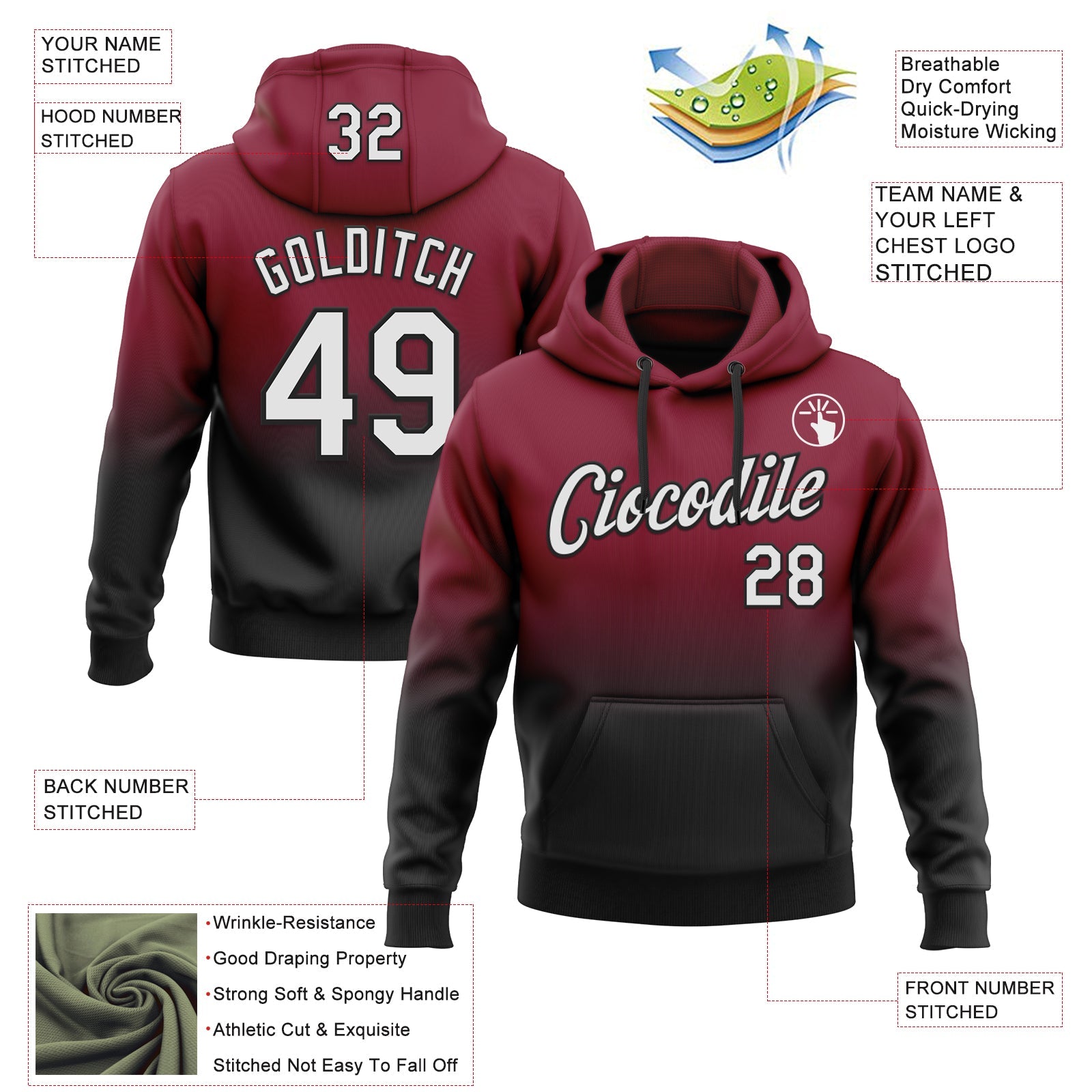 Custom Stitched Crimson White-Black Fade Fashion Sports Pullover Sweatshirt Hoodie view 2
