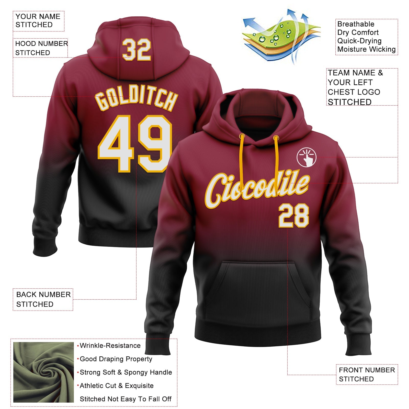 Custom Stitched Crimson White Black-Gold Fade Fashion Sports Pullover Sweatshirt Hoodie view 2