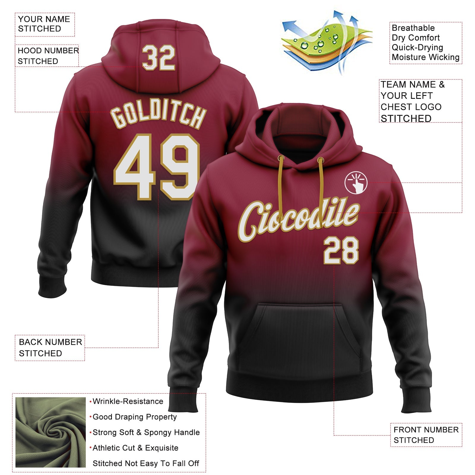 Custom Stitched Crimson White Black-Old Gold Fade Fashion Sports Pullover Sweatshirt Hoodie view 2