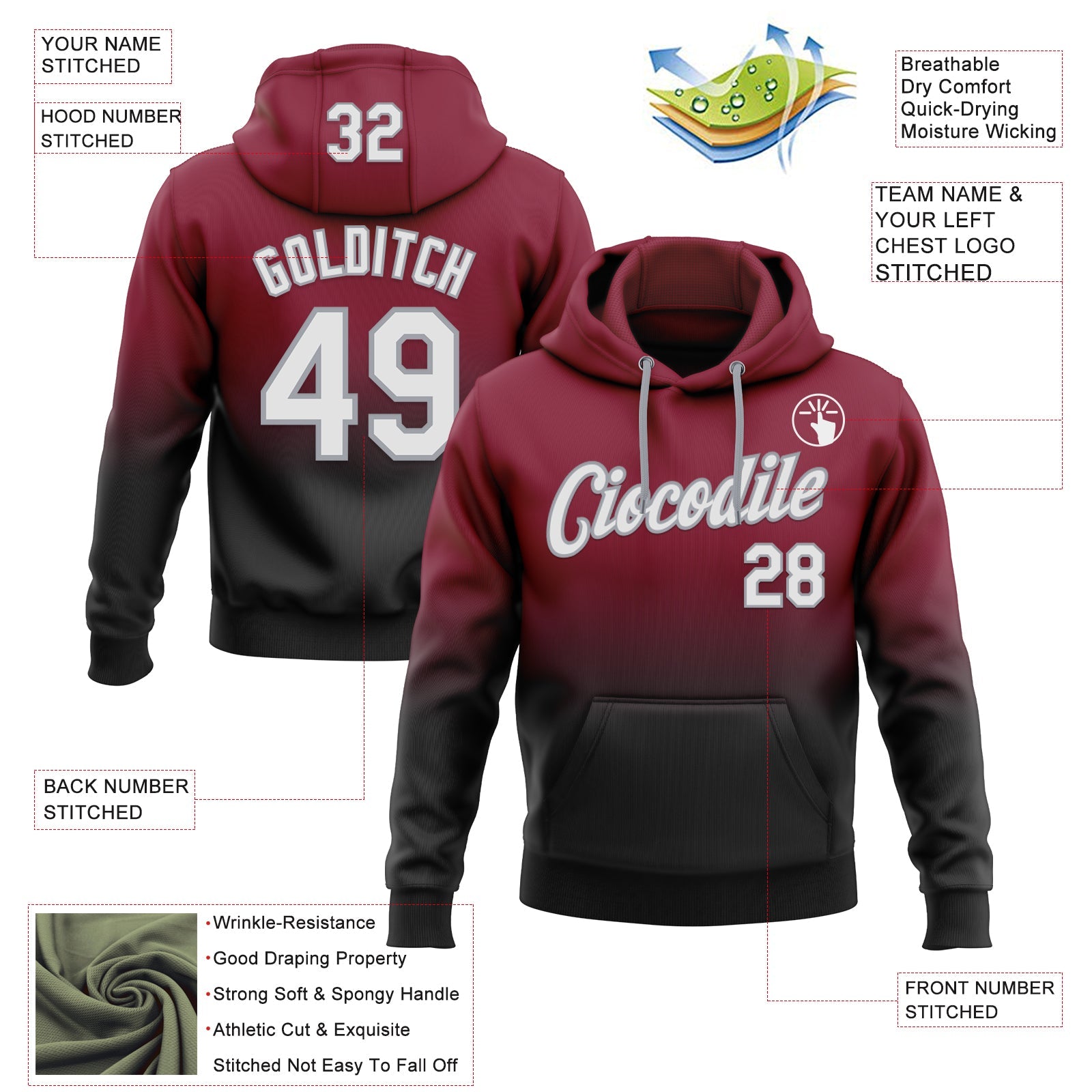 Custom Stitched Crimson White Black-Gray Fade Fashion Sports Pullover Sweatshirt Hoodie view 2