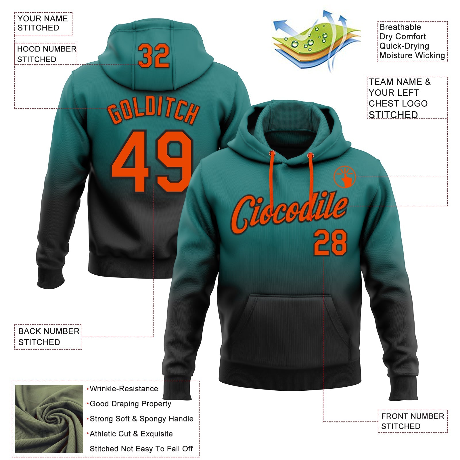 Custom Stitched Teal Orange-Black Fade Fashion Sports Pullover Sweatshirt Hoodie view 2