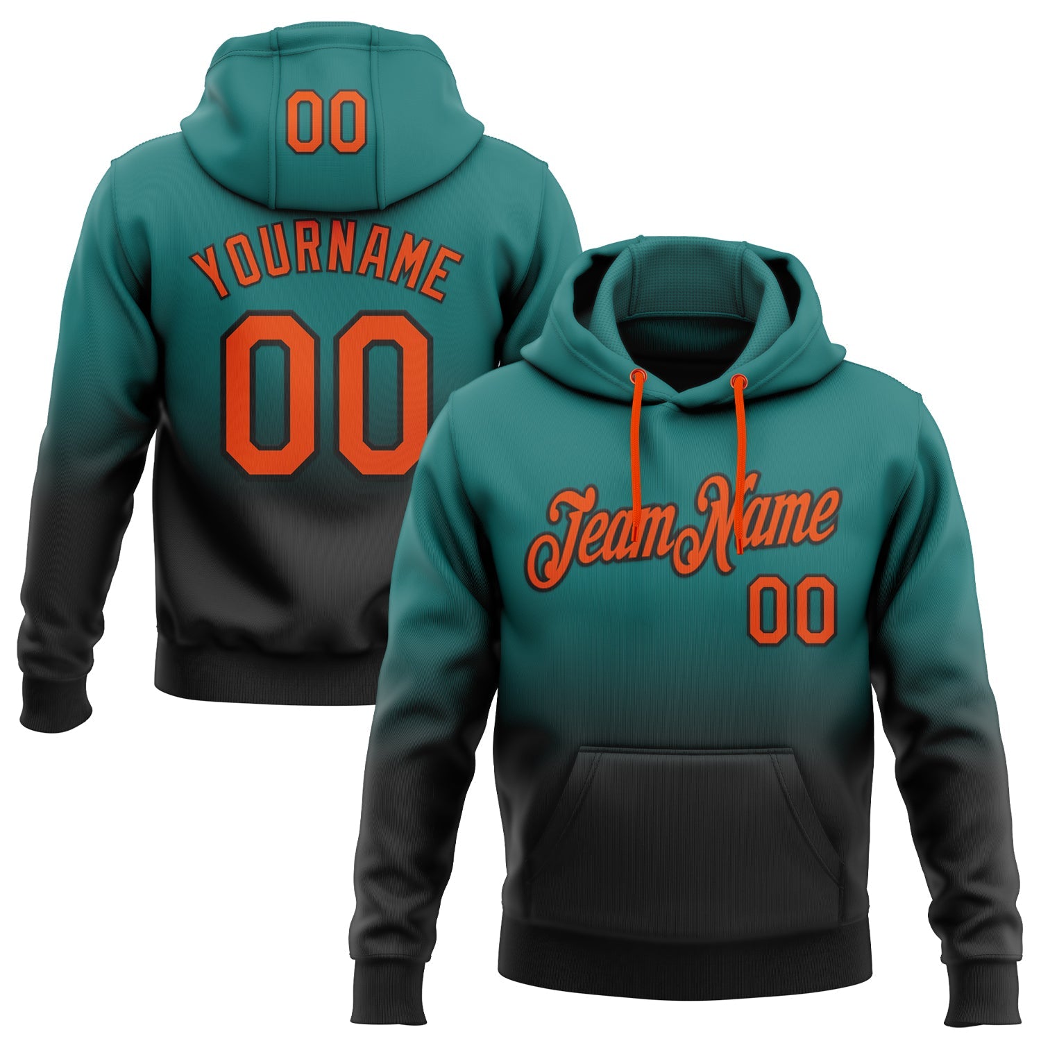 Custom Stitched Teal Orange-Black Fade Fashion Sports Pullover Sweatshirt Hoodie - Main View