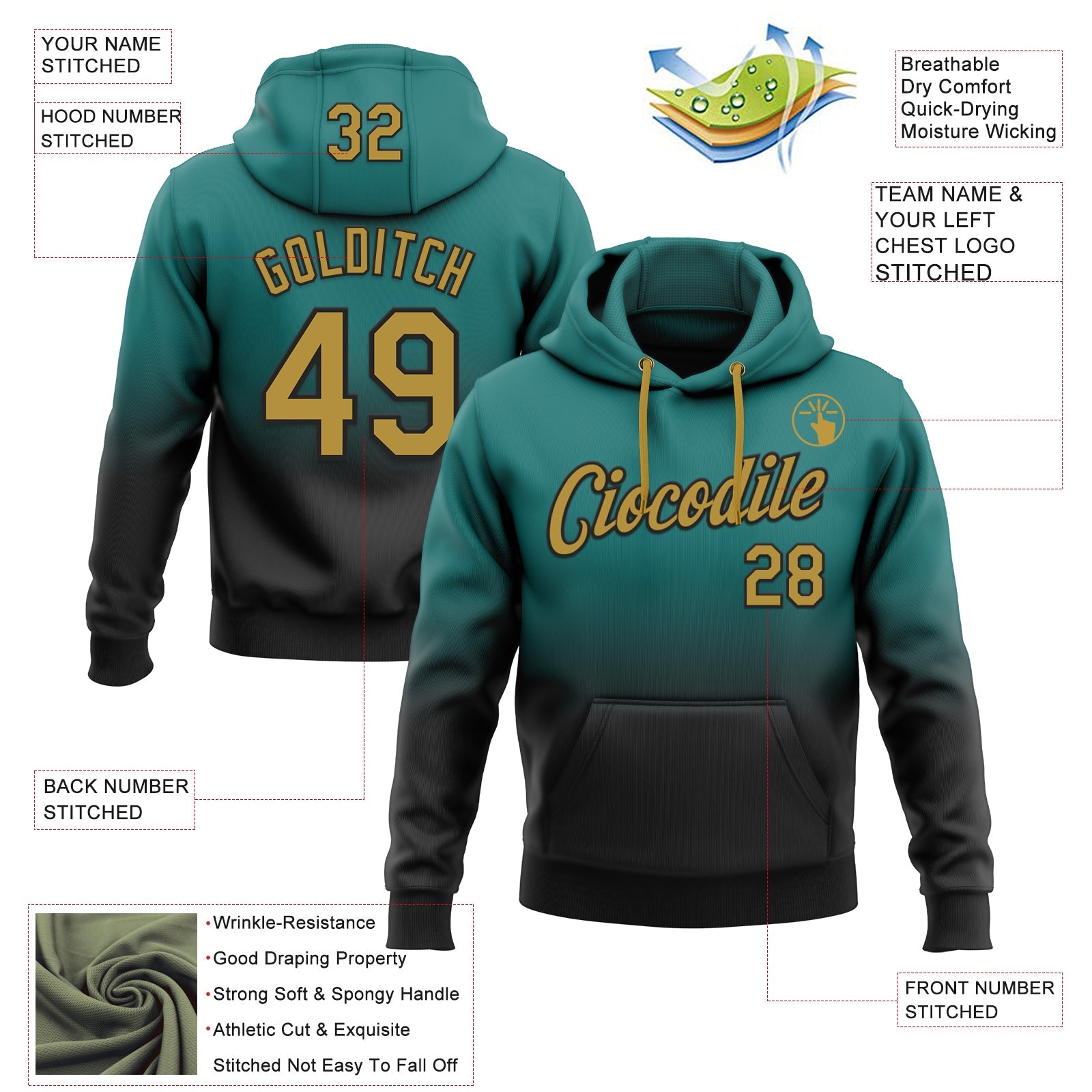 Custom Stitched Teal Old Gold-Black Fade Fashion Sports Pullover Sweatshirt Hoodie view 2