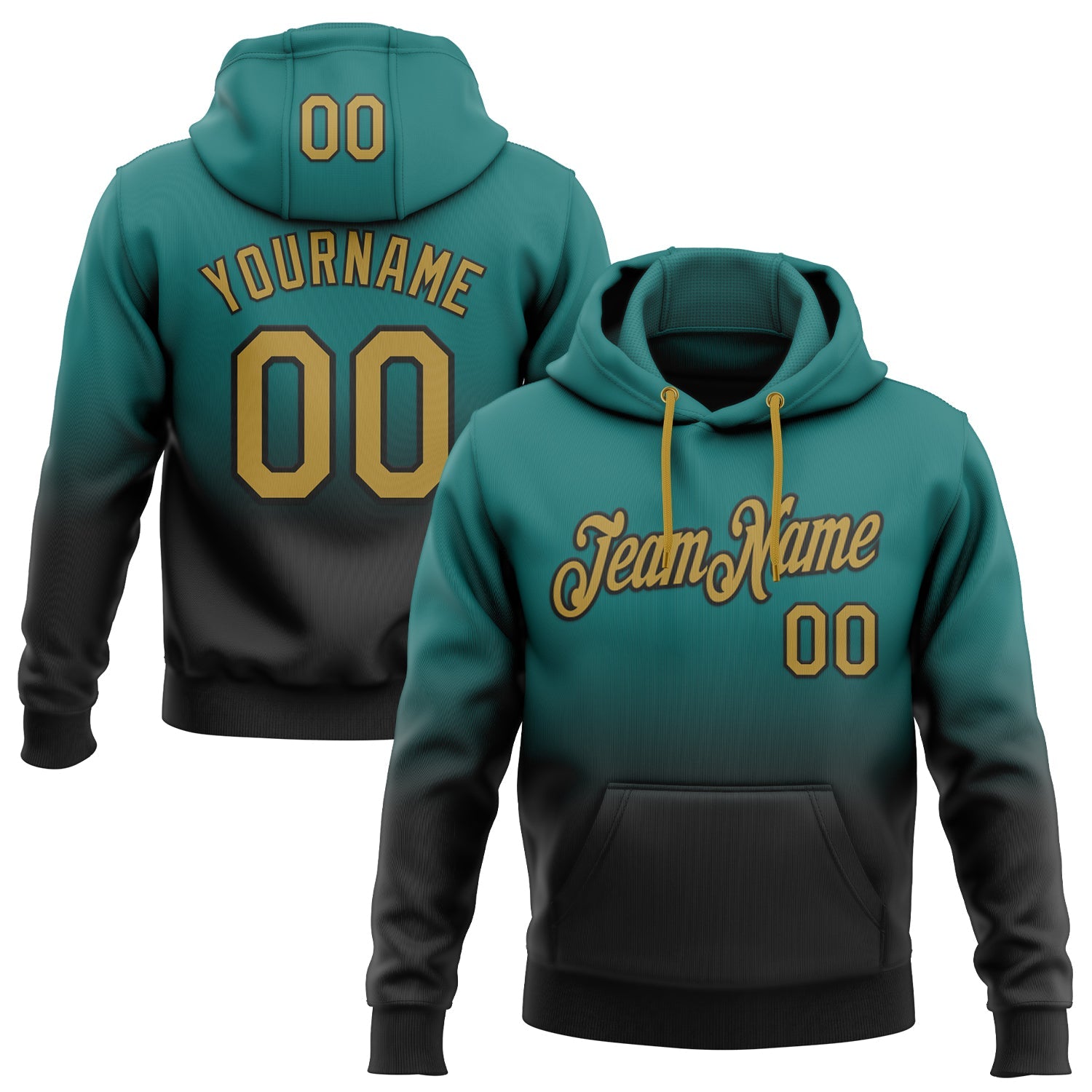 Custom Stitched Teal Old Gold-Black Fade Fashion Sports Pullover Sweatshirt Hoodie - Main View