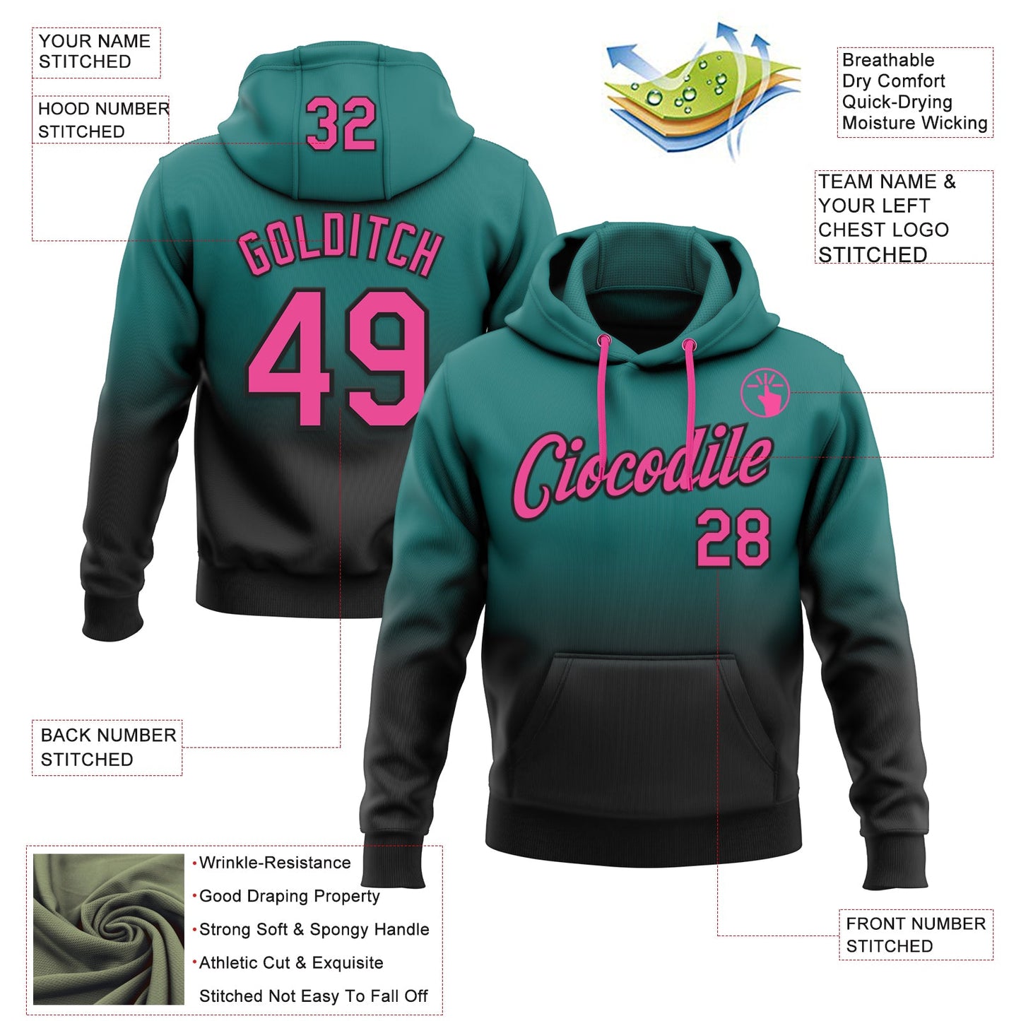 Custom Stitched Teal Pink-Black Fade Fashion Sports Pullover Sweatshirt Hoodie view 2