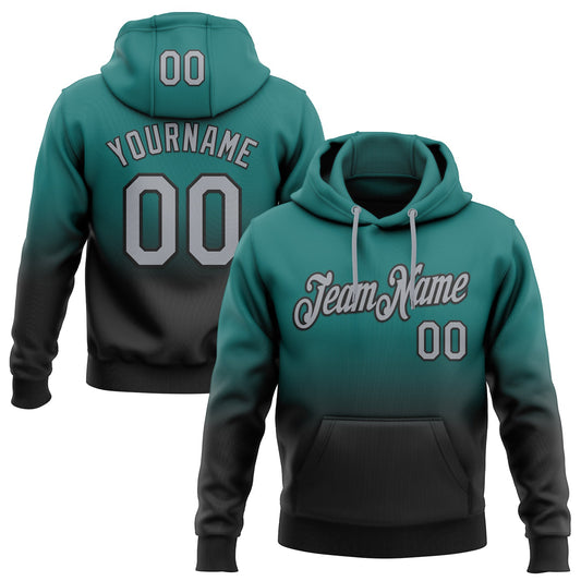 Custom Stitched Teal Gray-Black Fade Fashion Sports Pullover Sweatshirt Hoodie - Main View