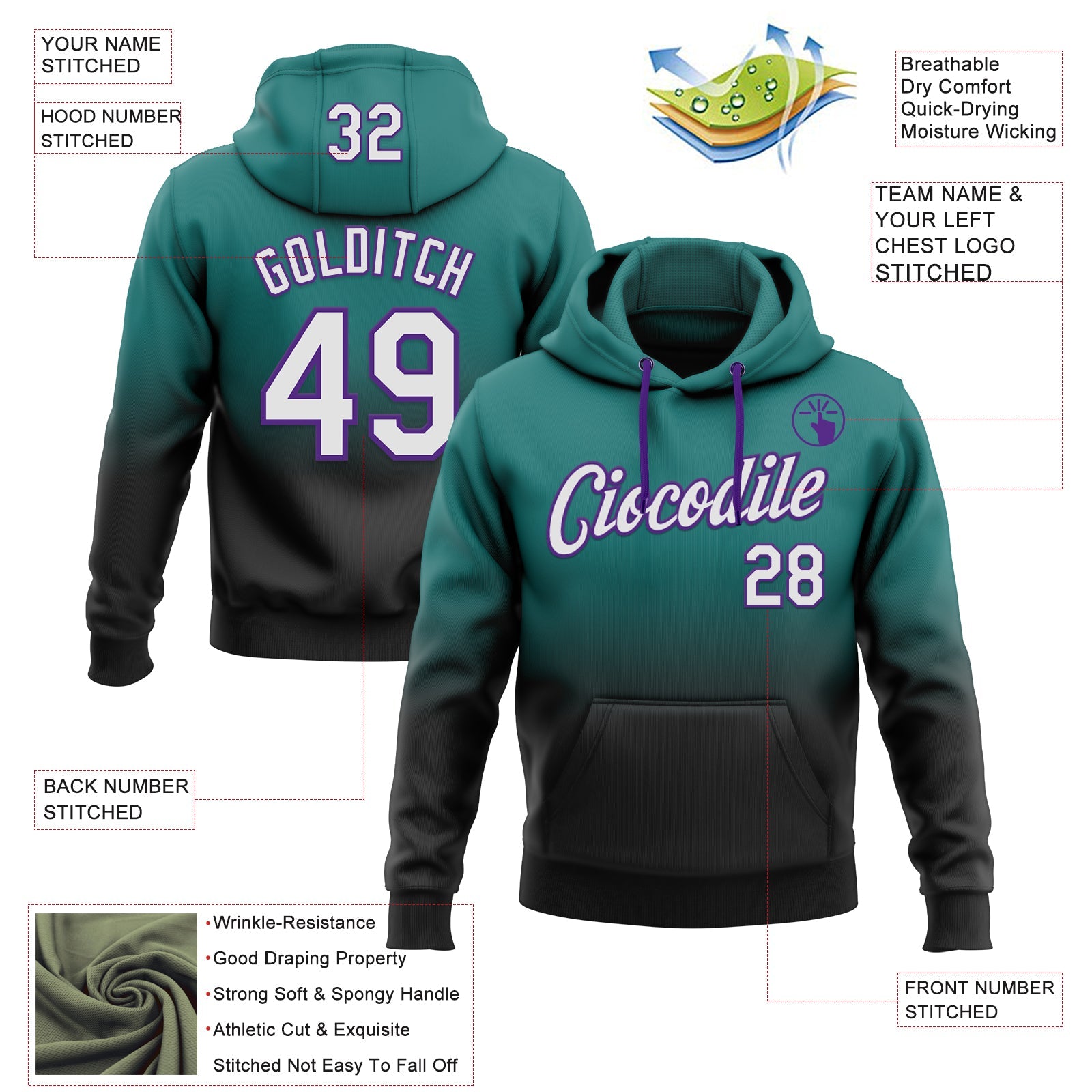 Custom Stitched Teal White Black-Purple Fade Fashion Sports Pullover Sweatshirt Hoodie view 2