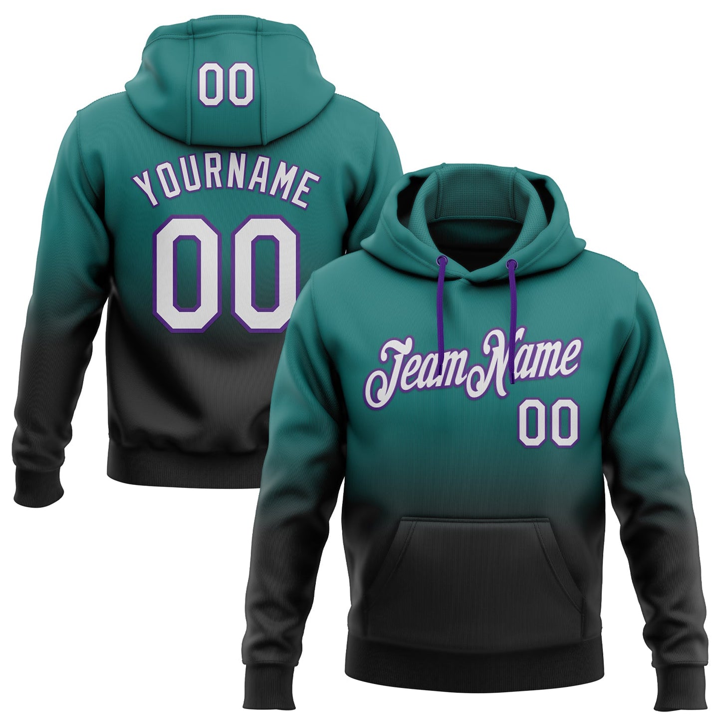Custom Stitched Teal White Black-Purple Fade Fashion Sports Pullover Sweatshirt Hoodie - Main View