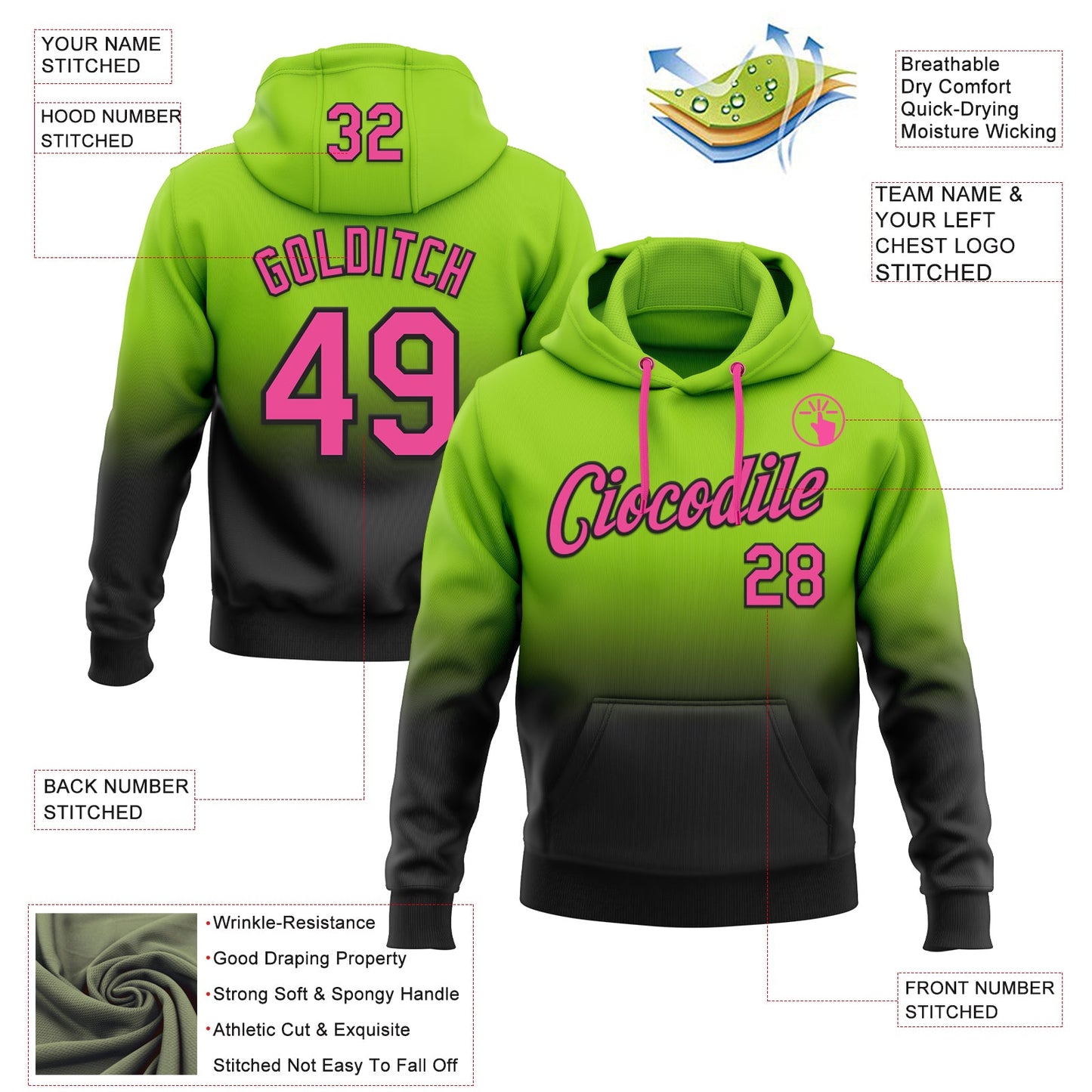 Custom Stitched Neon Green Pink-Black Fade Fashion Sports Pullover Sweatshirt Hoodie view 2