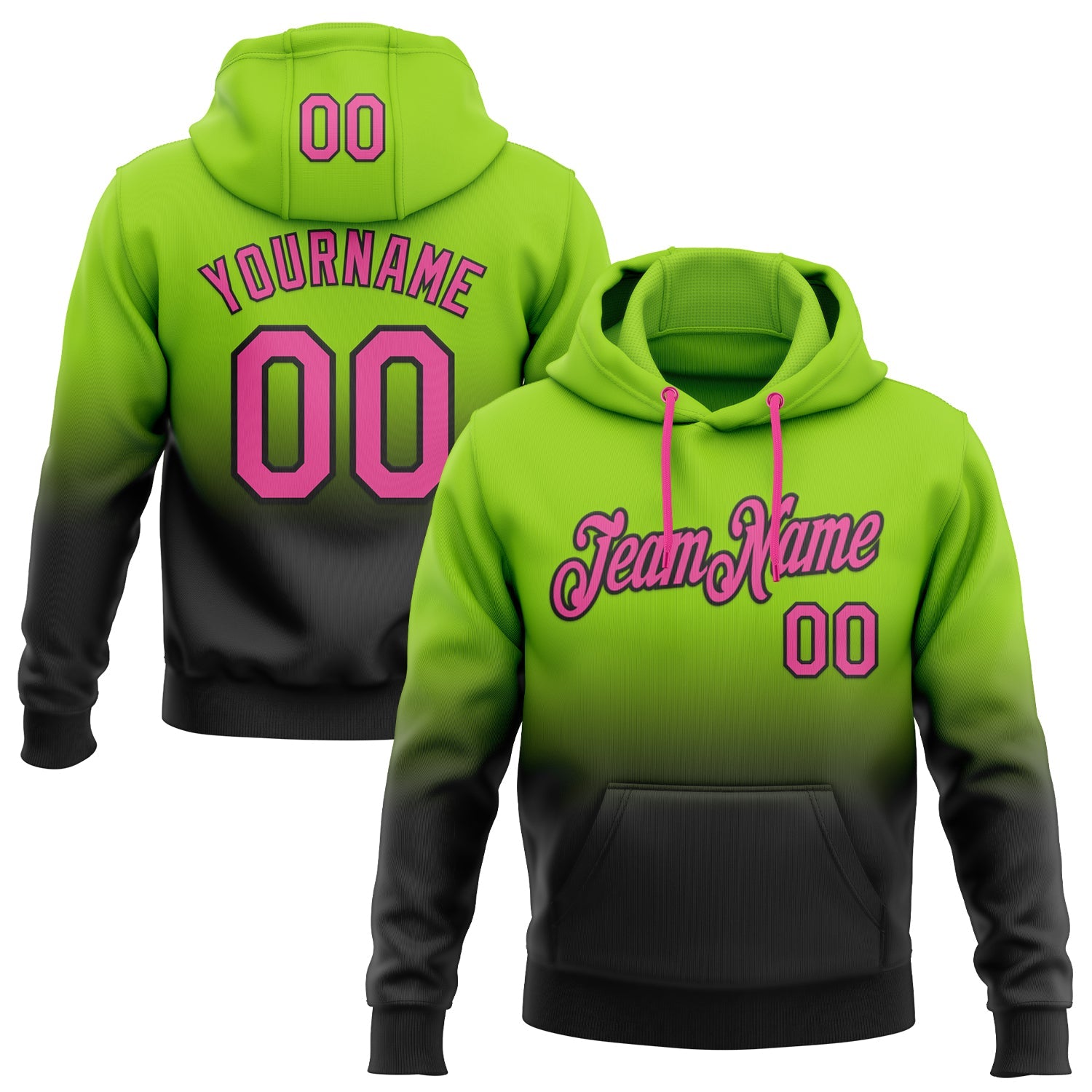 Custom Stitched Neon Green Pink-Black Fade Fashion Sports Pullover Sweatshirt Hoodie - Main View