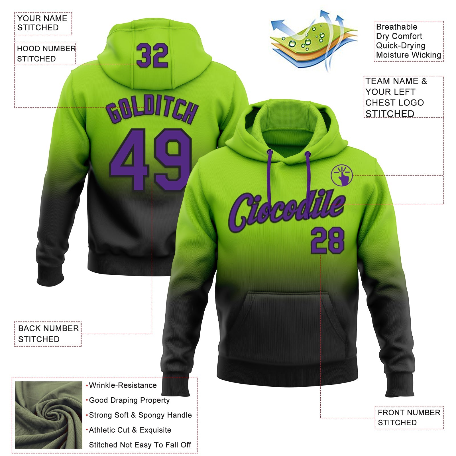 Custom Stitched Neon Green Purple-Black Fade Fashion Sports Pullover Sweatshirt Hoodie view 2