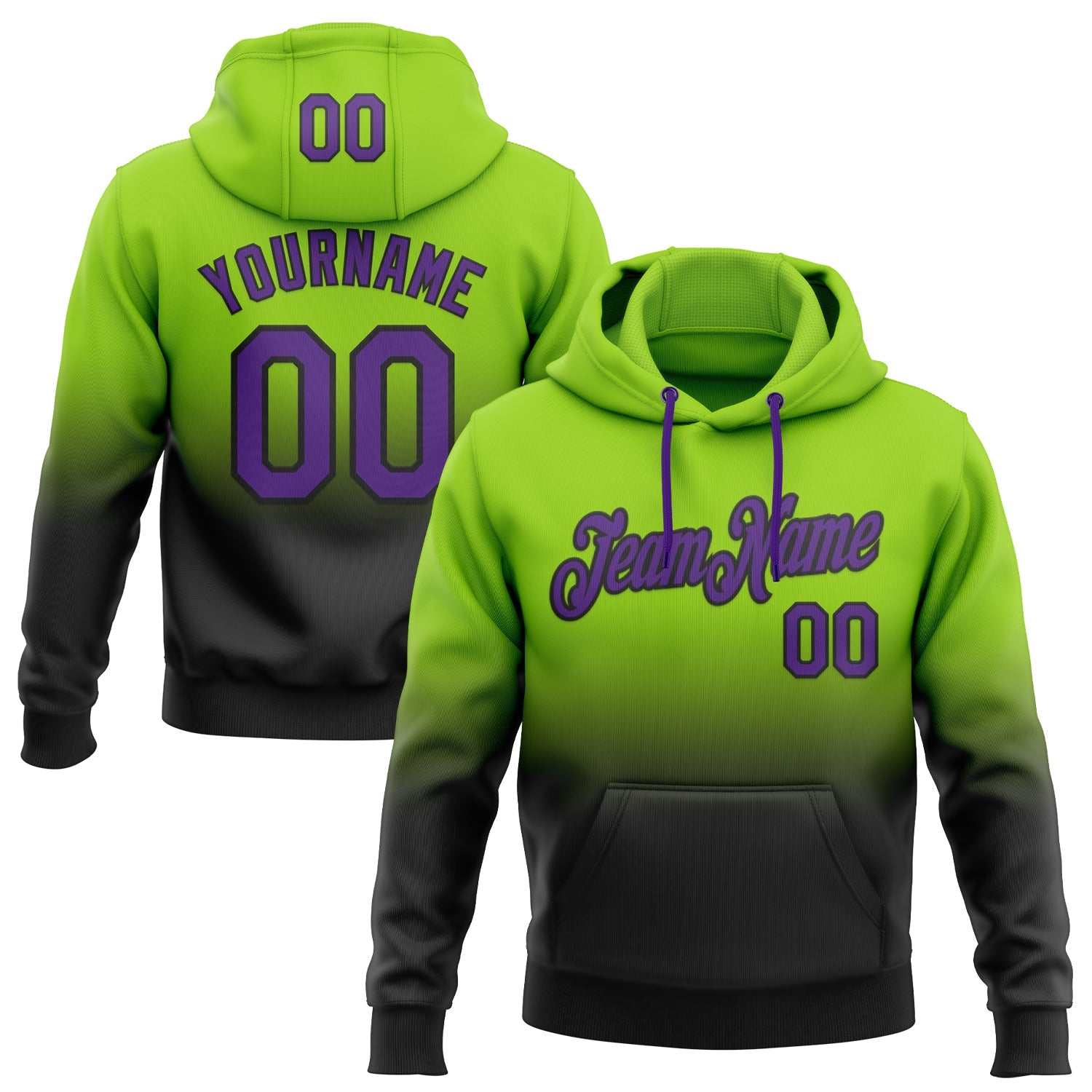 Custom Stitched Neon Green Purple-Black Fade Fashion Sports Pullover Sweatshirt Hoodie - Main View