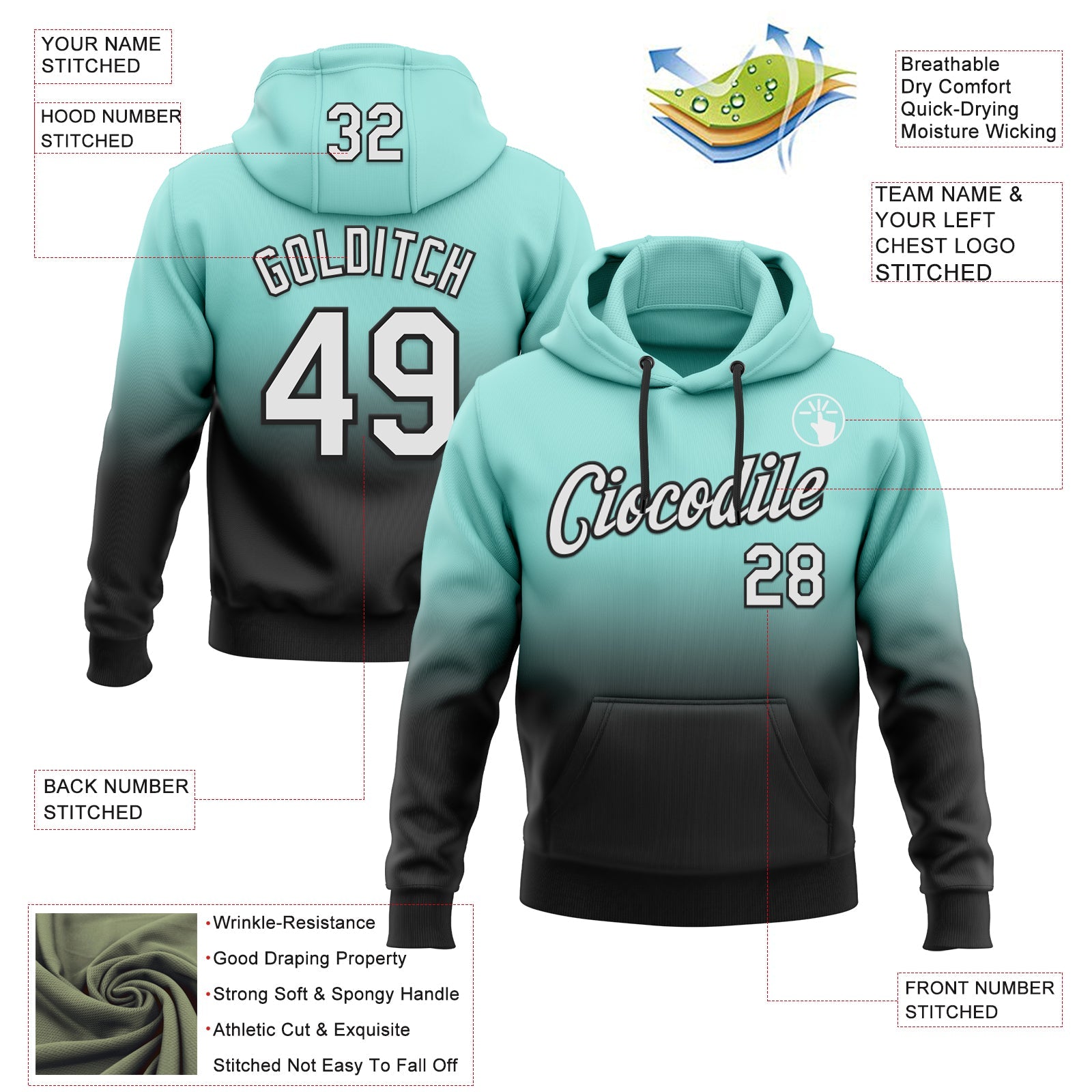 Custom Stitched Ice Blue White-Black Fade Fashion Sports Pullover Sweatshirt Hoodie view 2